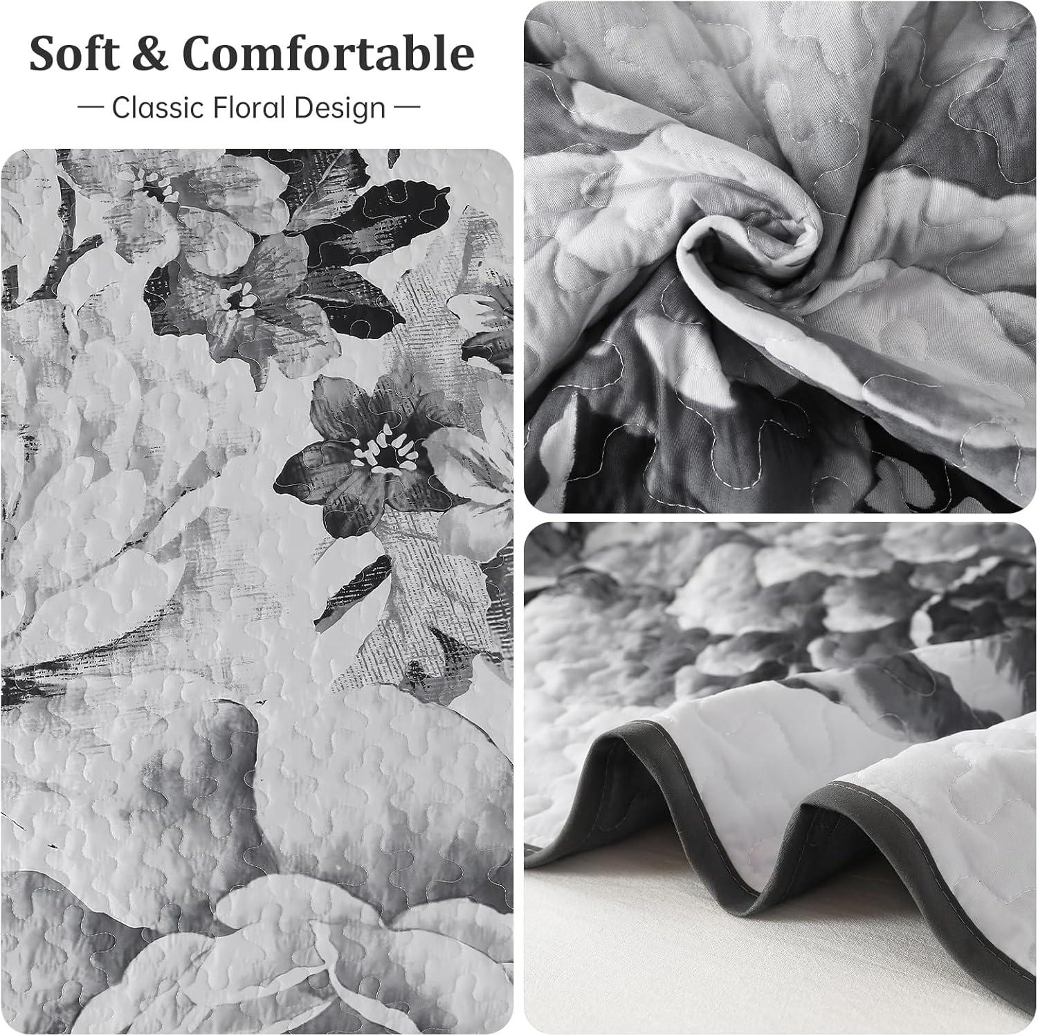 imageWONGS BEDDING Floral Quilt Set Blue Queen Size 3 Pieces Elegant Botanical Print Bedding Set for All Season Lightweight Reversible Bedspreads Coverlet Set with 2 Pillow ShamsGrey White