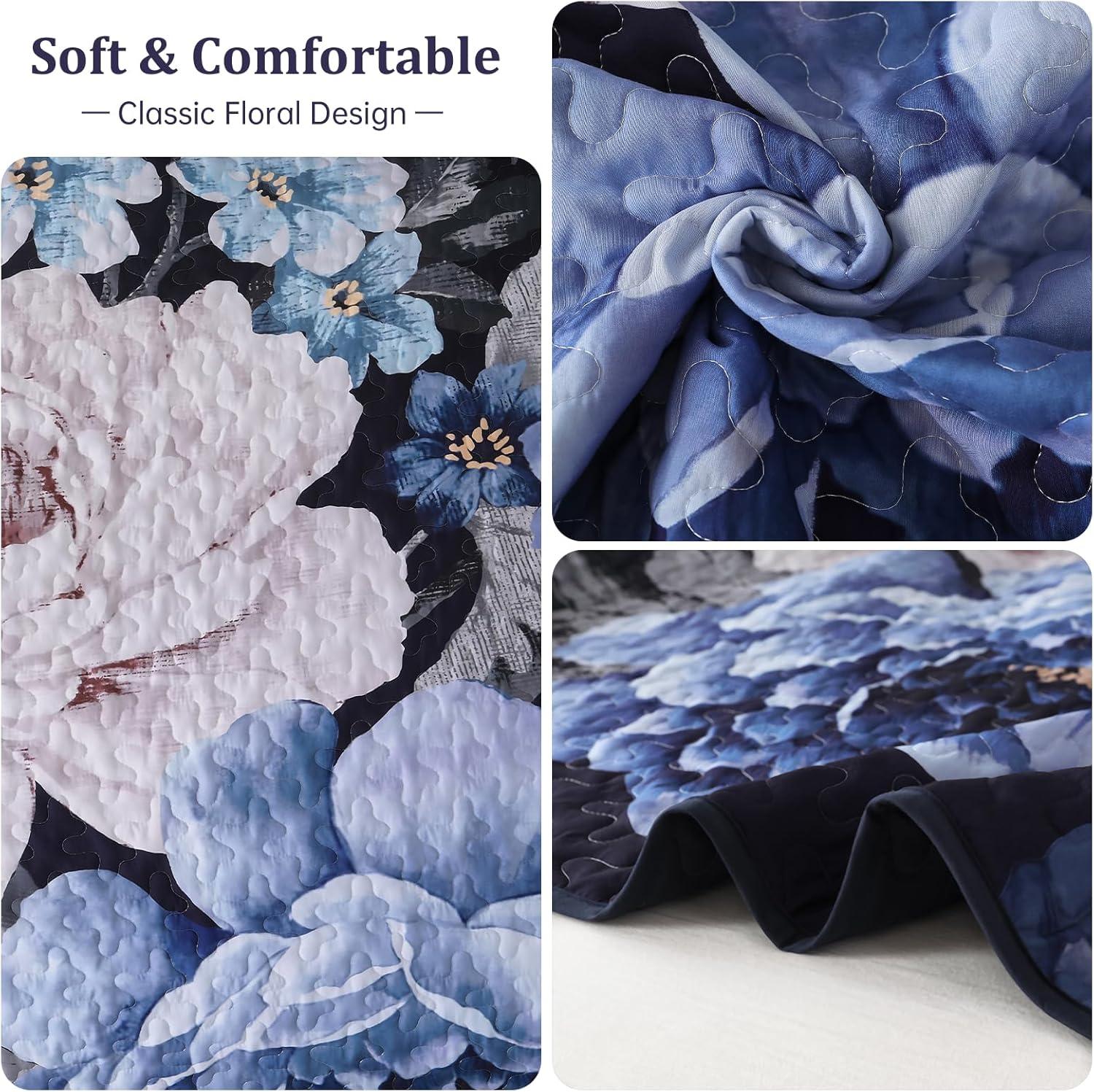 imageWONGS BEDDING Floral Quilt Set Blue Queen Size 3 Pieces Elegant Botanical Print Bedding Set for All Season Lightweight Reversible Bedspreads Coverlet Set with 2 Pillow ShamsNavy