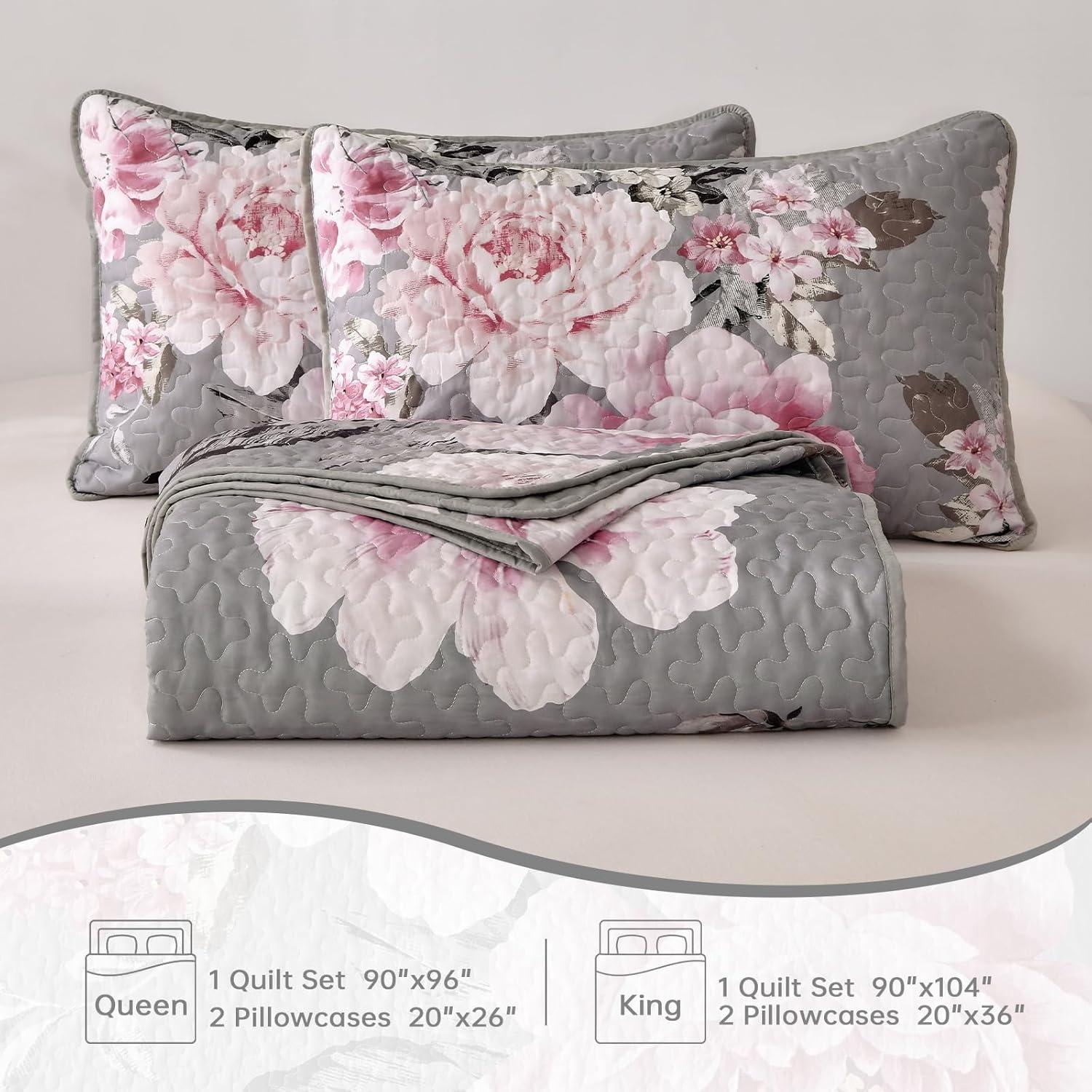 imageWONGS BEDDING Floral Quilt Set Blue Queen Size 3 Pieces Elegant Botanical Print Bedding Set for All Season Lightweight Reversible Bedspreads Coverlet Set with 2 Pillow ShamsGrey