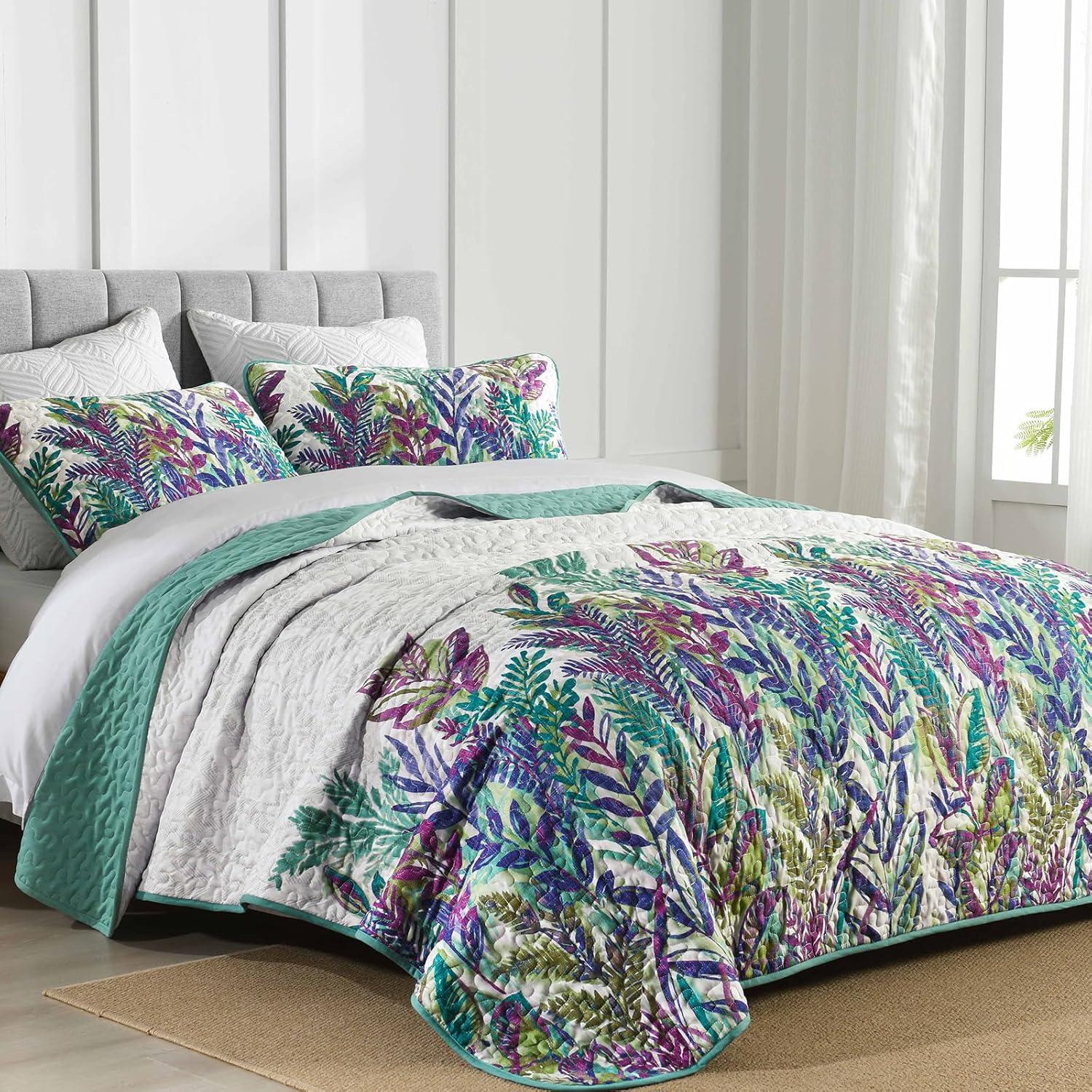 imageWONGS BEDDING Floral Quilt Set Blue Queen Size 3 Pieces Elegant Botanical Print Bedding Set for All Season Lightweight Reversible Bedspreads Coverlet Set with 2 Pillow ShamsPurple Green