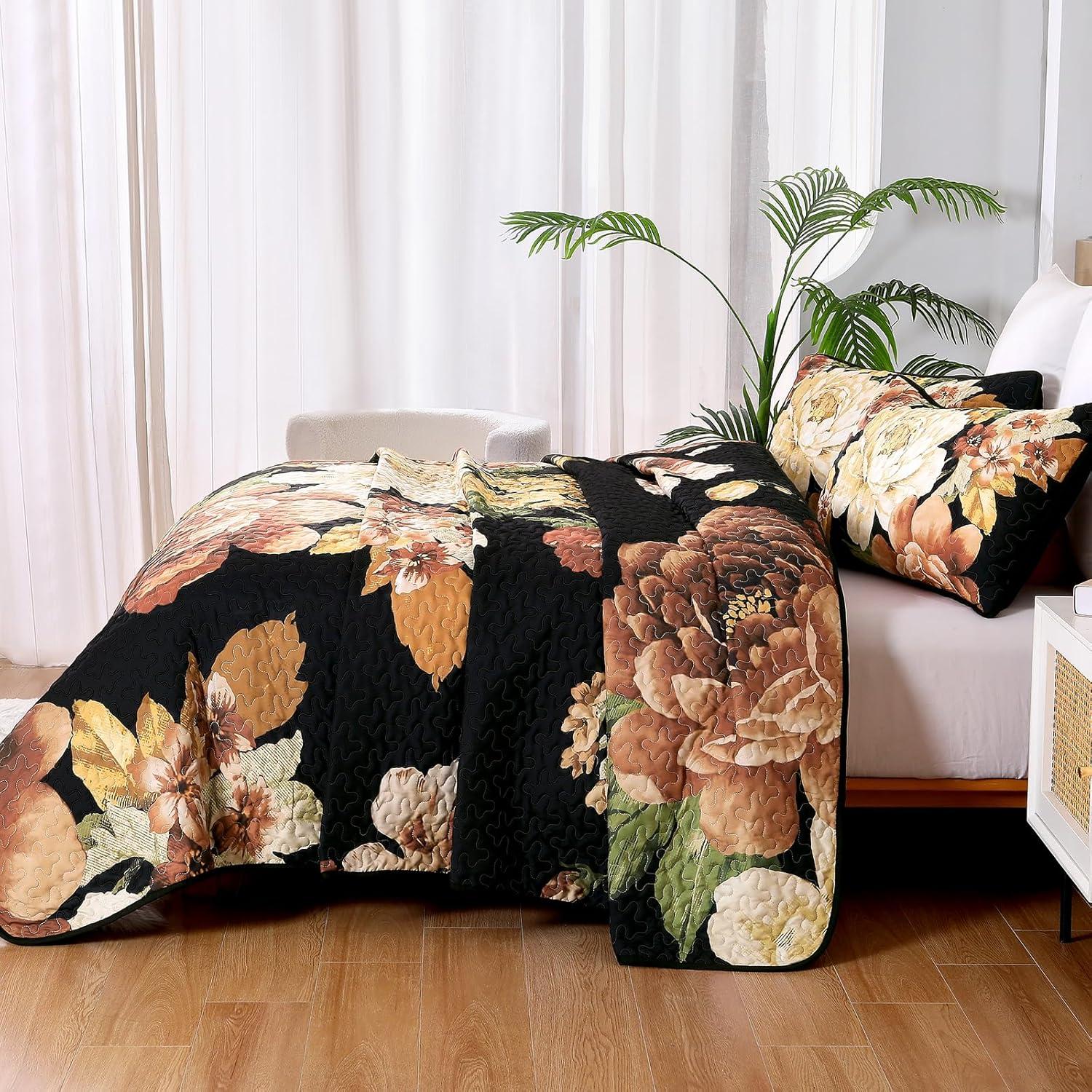 imageWONGS BEDDING Floral Quilt Set Blue Queen Size 3 Pieces Elegant Botanical Print Bedding Set for All Season Lightweight Reversible Bedspreads Coverlet Set with 2 Pillow ShamsBlack Boho