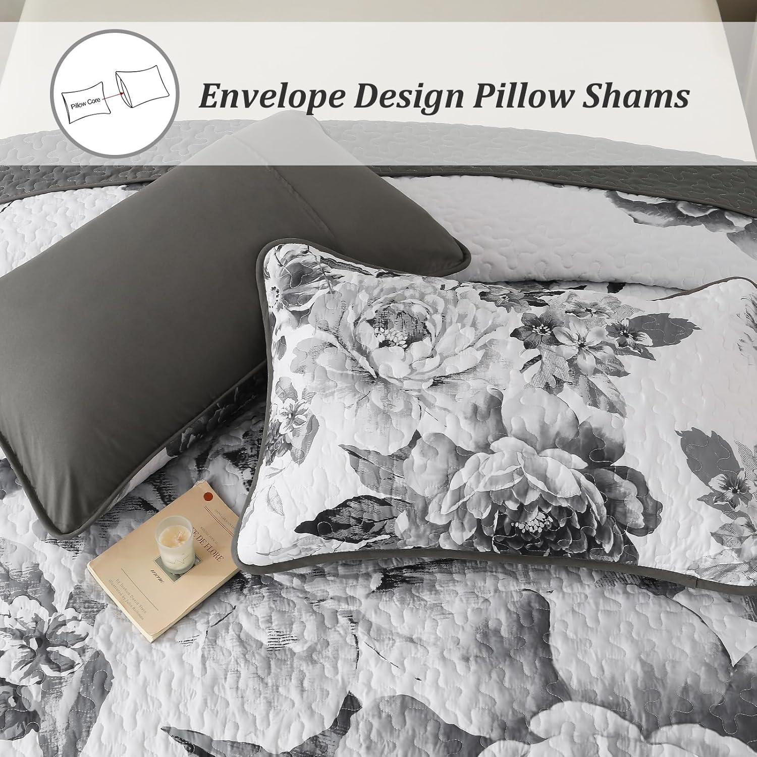 imageWONGS BEDDING Floral Quilt Set Blue Queen Size 3 Pieces Elegant Botanical Print Bedding Set for All Season Lightweight Reversible Bedspreads Coverlet Set with 2 Pillow ShamsGrey White