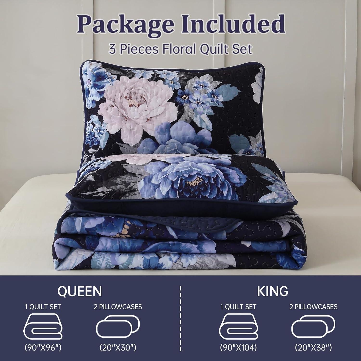 imageWONGS BEDDING Floral Quilt Set Blue Queen Size 3 Pieces Elegant Botanical Print Bedding Set for All Season Lightweight Reversible Bedspreads Coverlet Set with 2 Pillow ShamsNavy