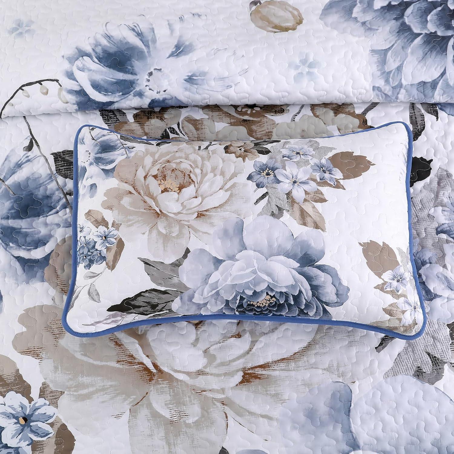 imageWONGS BEDDING Floral Quilt Set Blue Queen Size 3 Pieces Elegant Botanical Print Bedding Set for All Season Lightweight Reversible Bedspreads Coverlet Set with 2 Pillow ShamsBlue