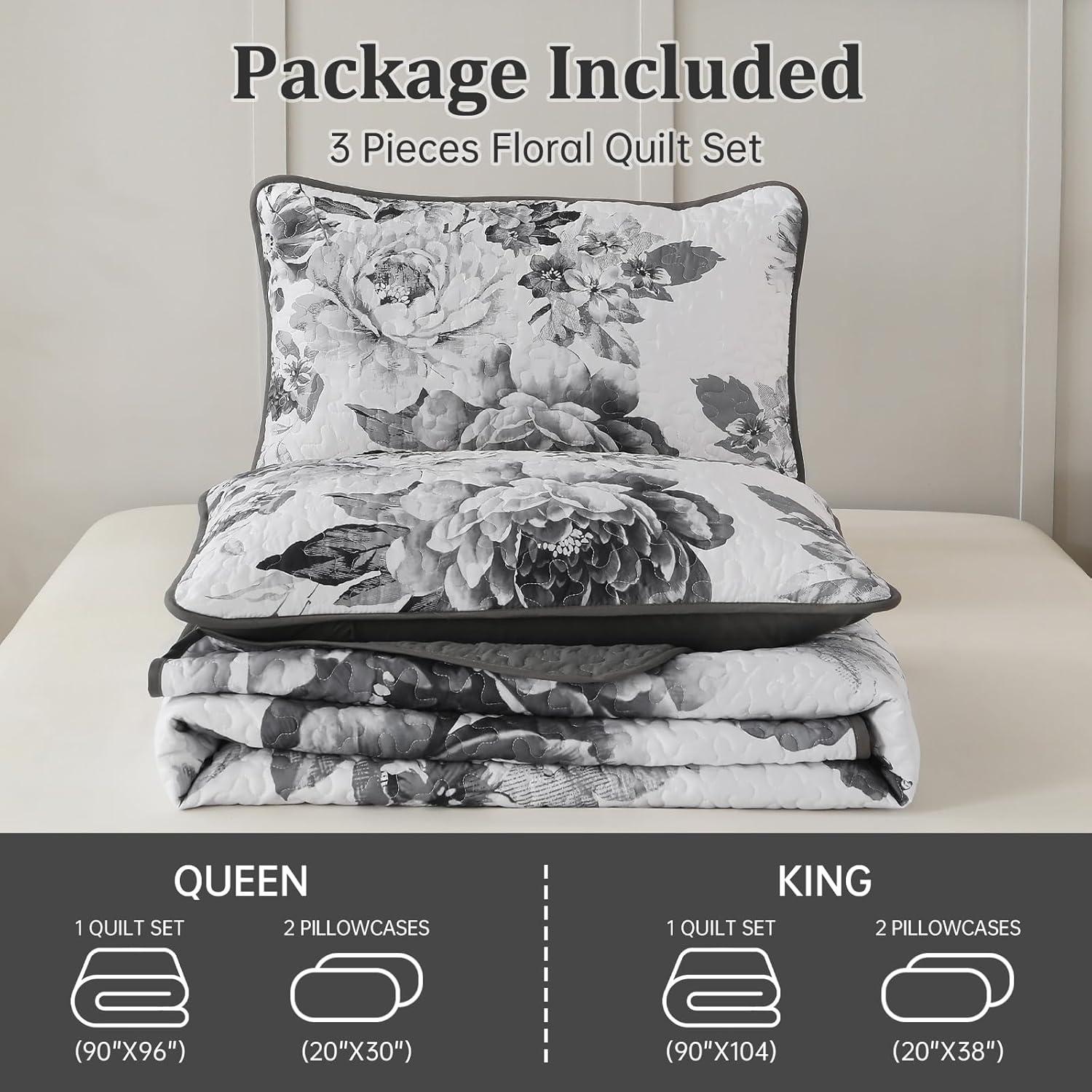 imageWONGS BEDDING Floral Quilt Set Blue Queen Size 3 Pieces Elegant Botanical Print Bedding Set for All Season Lightweight Reversible Bedspreads Coverlet Set with 2 Pillow ShamsGrey White