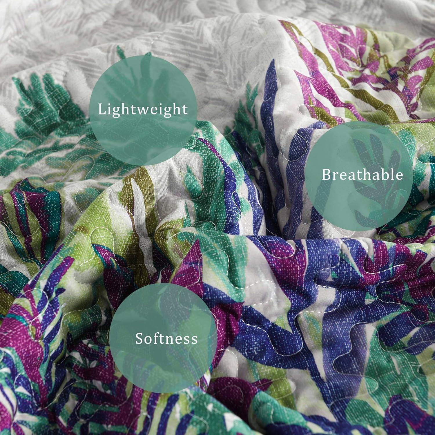 imageWONGS BEDDING Floral Quilt Set Blue Queen Size 3 Pieces Elegant Botanical Print Bedding Set for All Season Lightweight Reversible Bedspreads Coverlet Set with 2 Pillow ShamsPurple Green