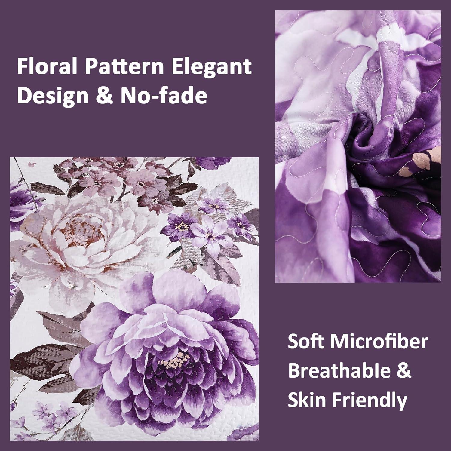 imageWONGS BEDDING Floral Quilt Set Blue Queen Size 3 Pieces Elegant Botanical Print Bedding Set for All Season Lightweight Reversible Bedspreads Coverlet Set with 2 Pillow ShamsPurple