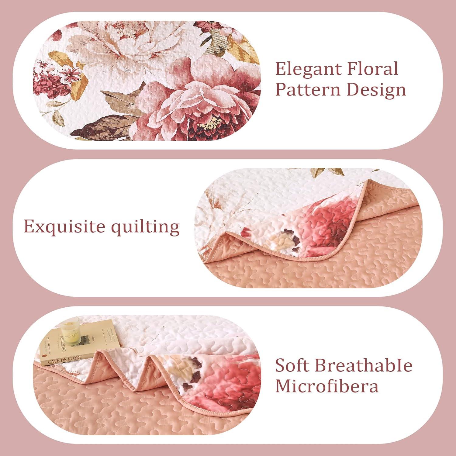 imageWONGS BEDDING Floral Quilt Set Blue Queen Size 3 Pieces Elegant Botanical Print Bedding Set for All Season Lightweight Reversible Bedspreads Coverlet Set with 2 Pillow ShamsBlush