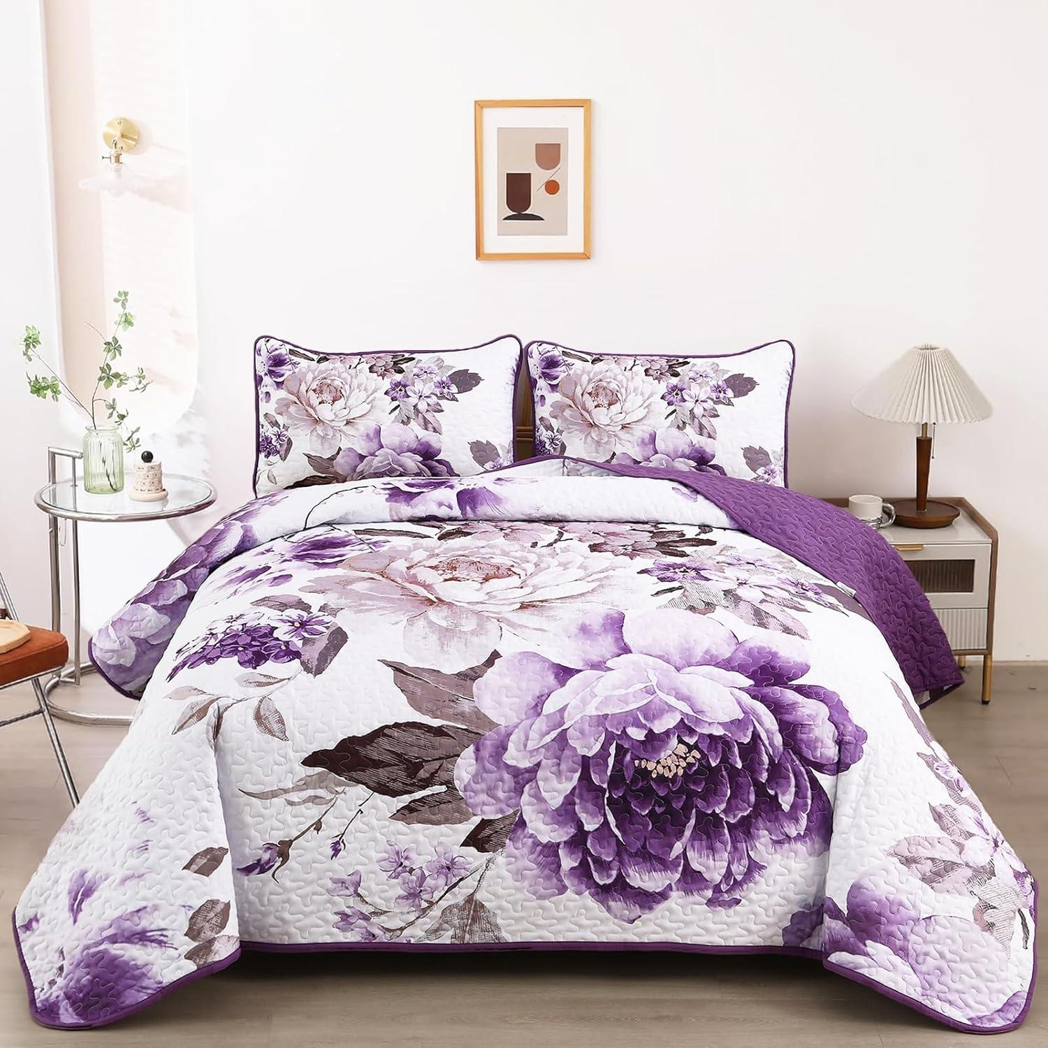 imageWONGS BEDDING Floral Quilt Set Blue Queen Size 3 Pieces Elegant Botanical Print Bedding Set for All Season Lightweight Reversible Bedspreads Coverlet Set with 2 Pillow ShamsPurple