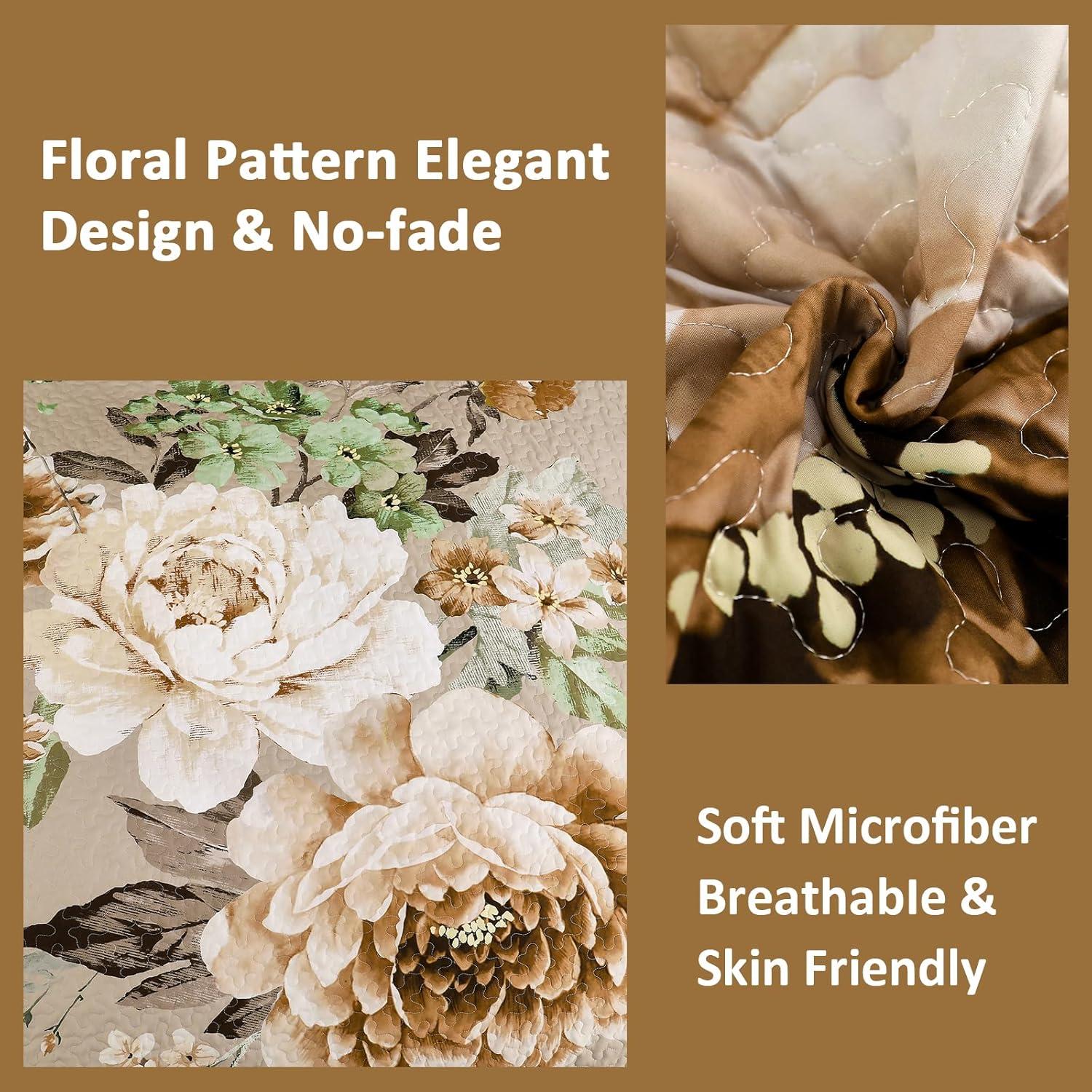 imageWONGS BEDDING Floral Quilt Set Blue Queen Size 3 Pieces Elegant Botanical Print Bedding Set for All Season Lightweight Reversible Bedspreads Coverlet Set with 2 Pillow ShamsKhaki