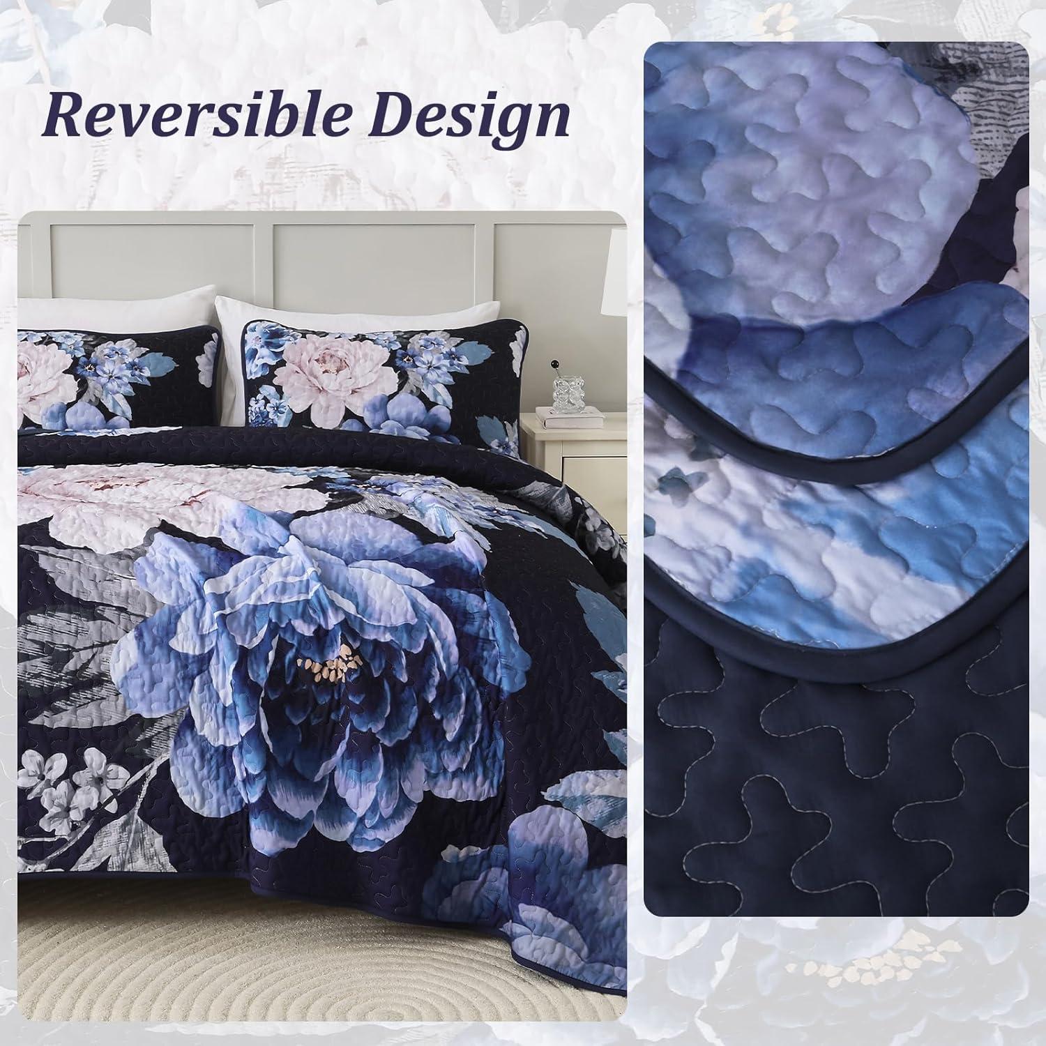 imageWONGS BEDDING Floral Quilt Set Blue Queen Size 3 Pieces Elegant Botanical Print Bedding Set for All Season Lightweight Reversible Bedspreads Coverlet Set with 2 Pillow ShamsNavy