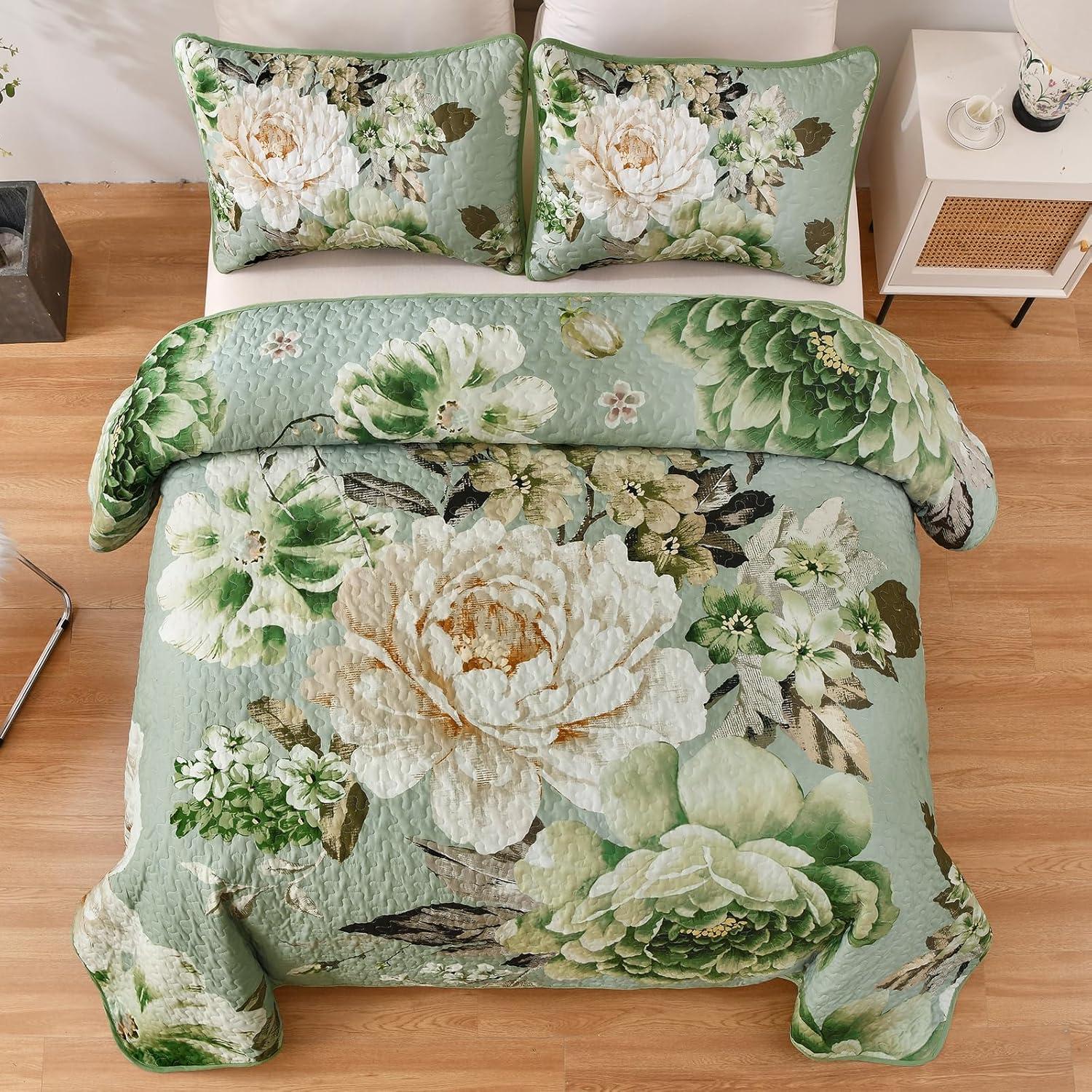 imageWONGS BEDDING Floral Quilt Set Blue Queen Size 3 Pieces Elegant Botanical Print Bedding Set for All Season Lightweight Reversible Bedspreads Coverlet Set with 2 Pillow ShamsSage Green