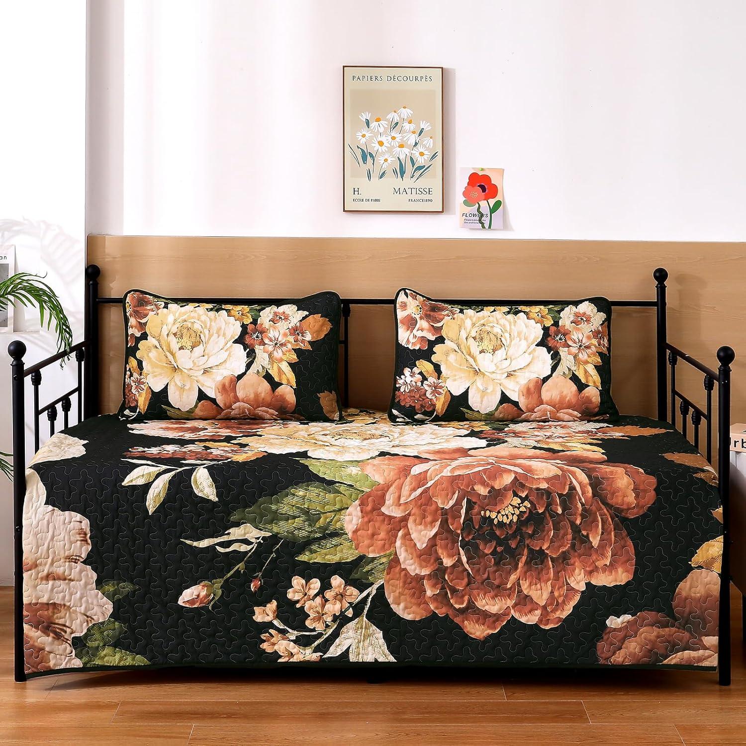 imageWONGS BEDDING Floral Quilt Set Blue Queen Size 3 Pieces Elegant Botanical Print Bedding Set for All Season Lightweight Reversible Bedspreads Coverlet Set with 2 Pillow ShamsBlack Boho