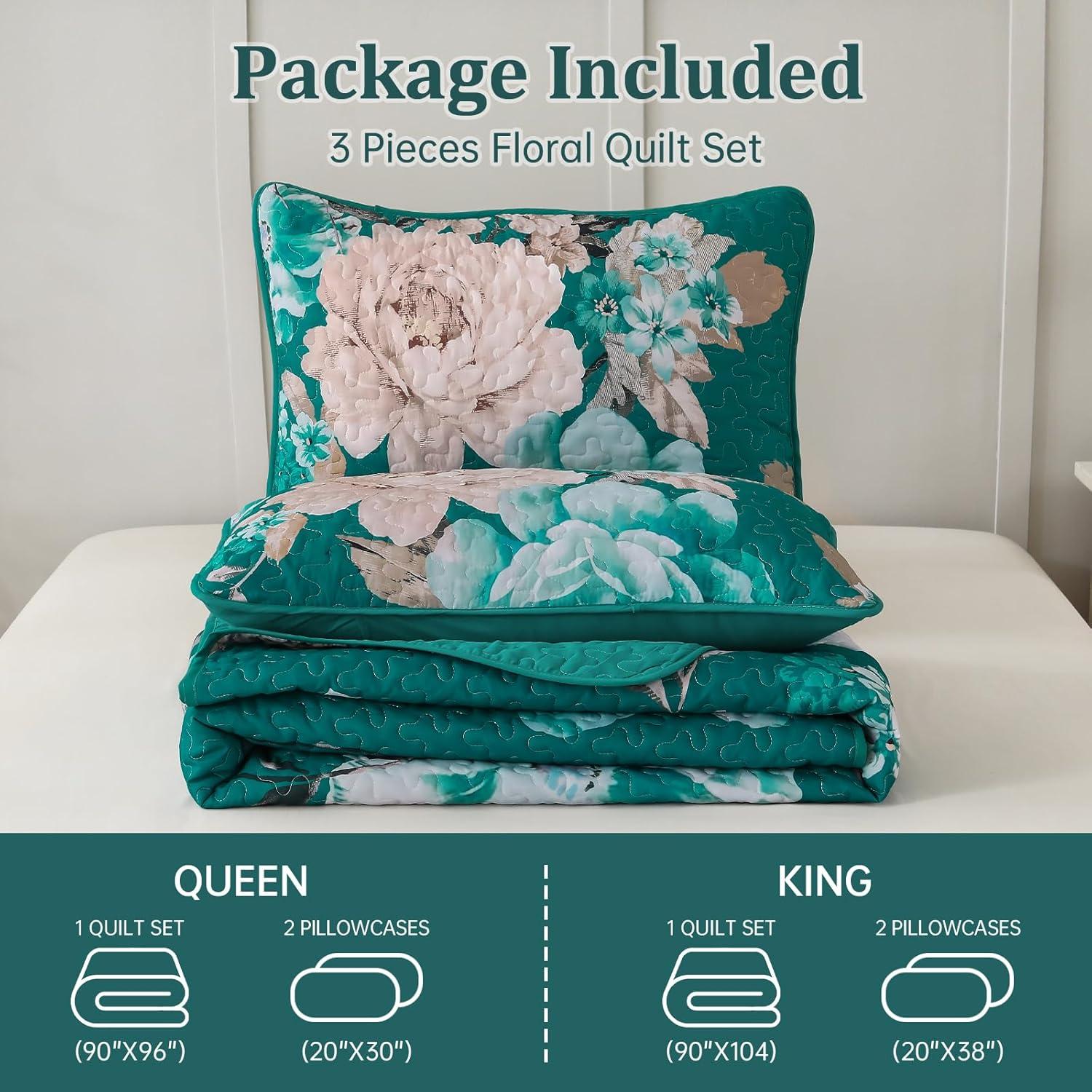 imageWONGS BEDDING Floral Quilt Set Blue Queen Size 3 Pieces Elegant Botanical Print Bedding Set for All Season Lightweight Reversible Bedspreads Coverlet Set with 2 Pillow ShamsTeal