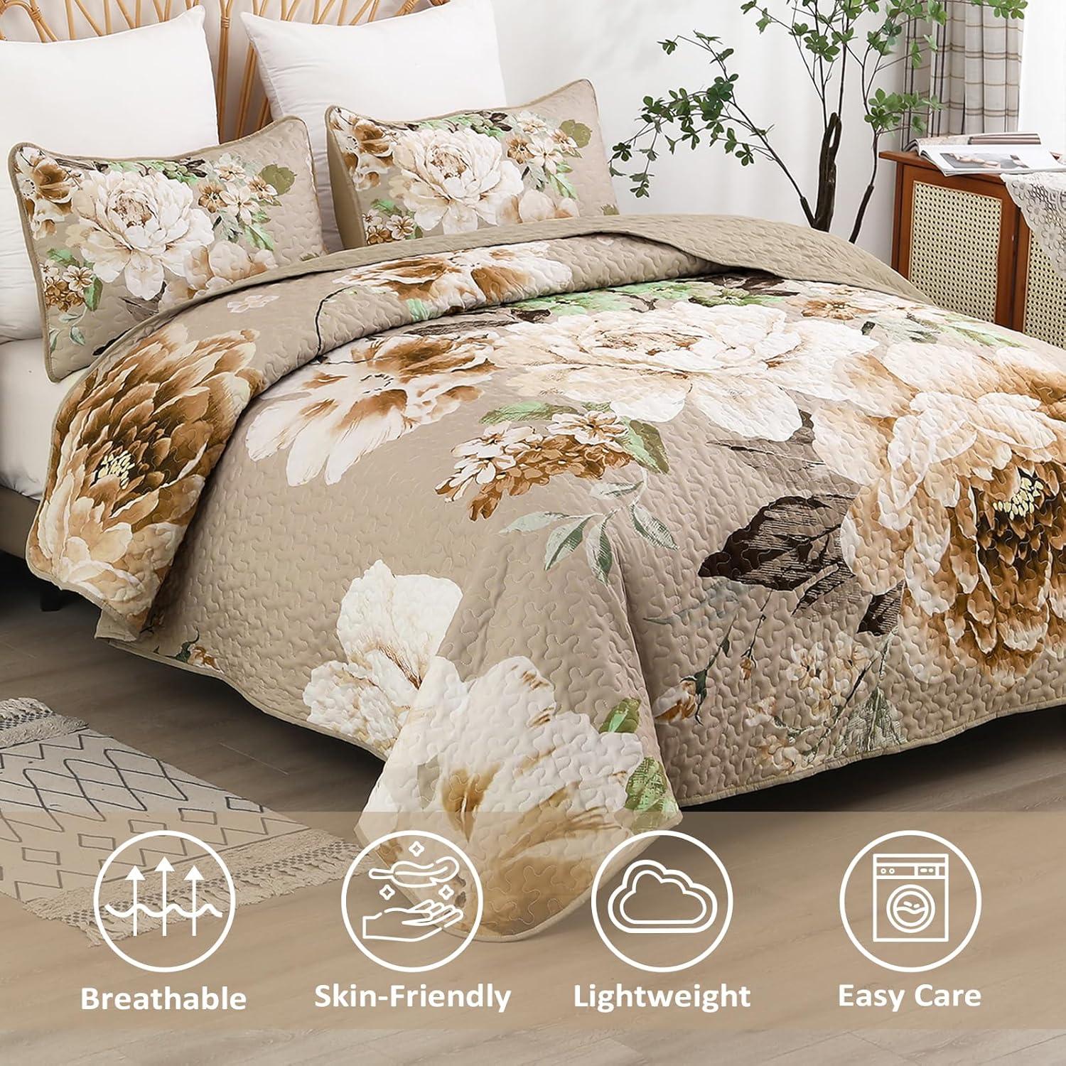 imageWONGS BEDDING Floral Quilt Set Blue Queen Size 3 Pieces Elegant Botanical Print Bedding Set for All Season Lightweight Reversible Bedspreads Coverlet Set with 2 Pillow ShamsKhaki