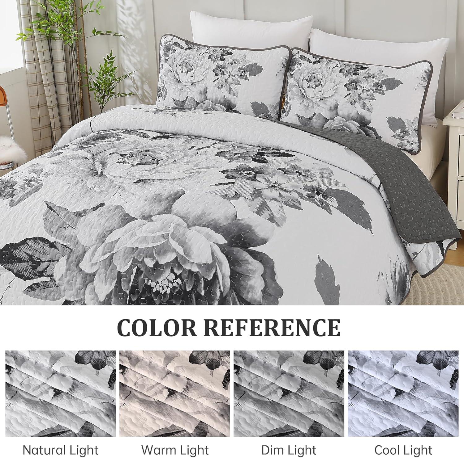 imageWONGS BEDDING Floral Quilt Set Blue Queen Size 3 Pieces Elegant Botanical Print Bedding Set for All Season Lightweight Reversible Bedspreads Coverlet Set with 2 Pillow ShamsGrey White