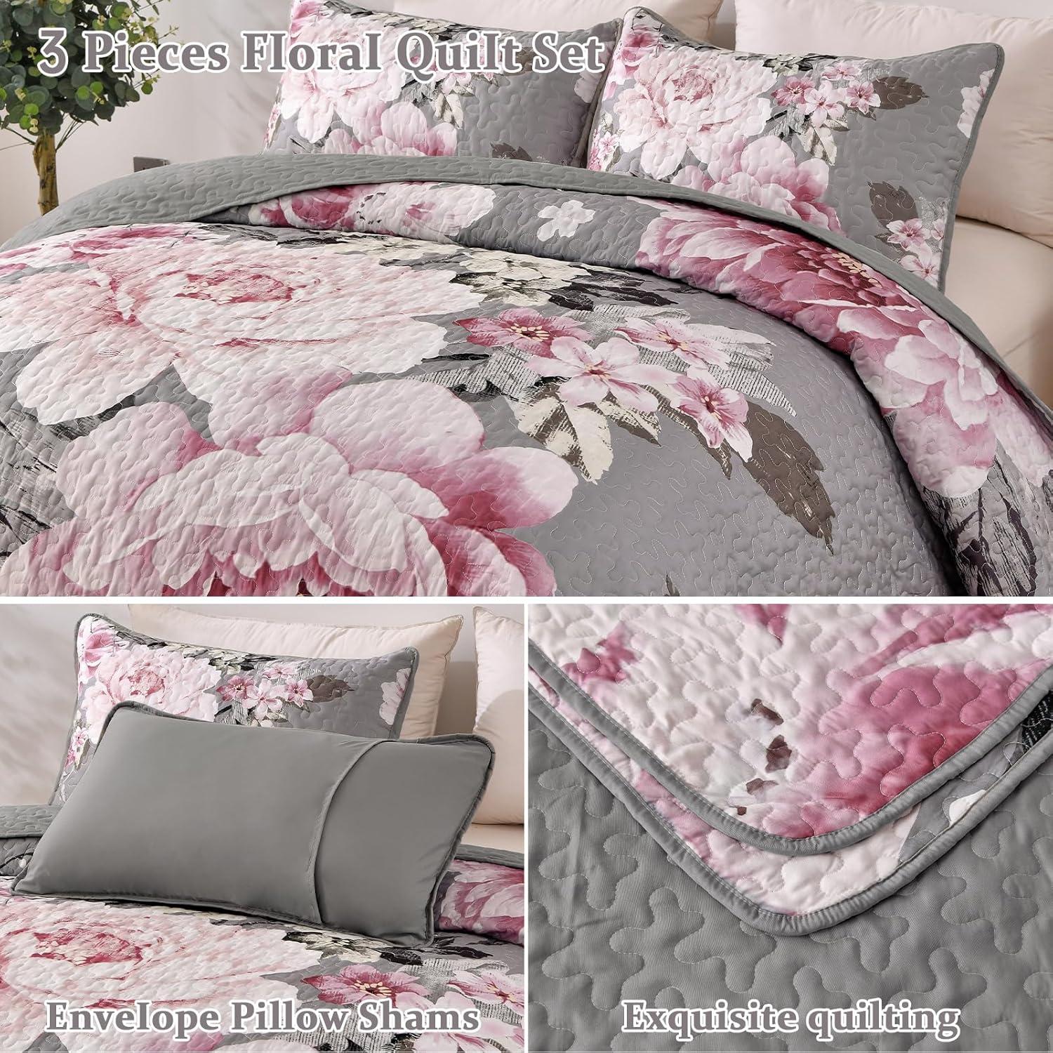 imageWONGS BEDDING Floral Quilt Set Blue Queen Size 3 Pieces Elegant Botanical Print Bedding Set for All Season Lightweight Reversible Bedspreads Coverlet Set with 2 Pillow ShamsGrey