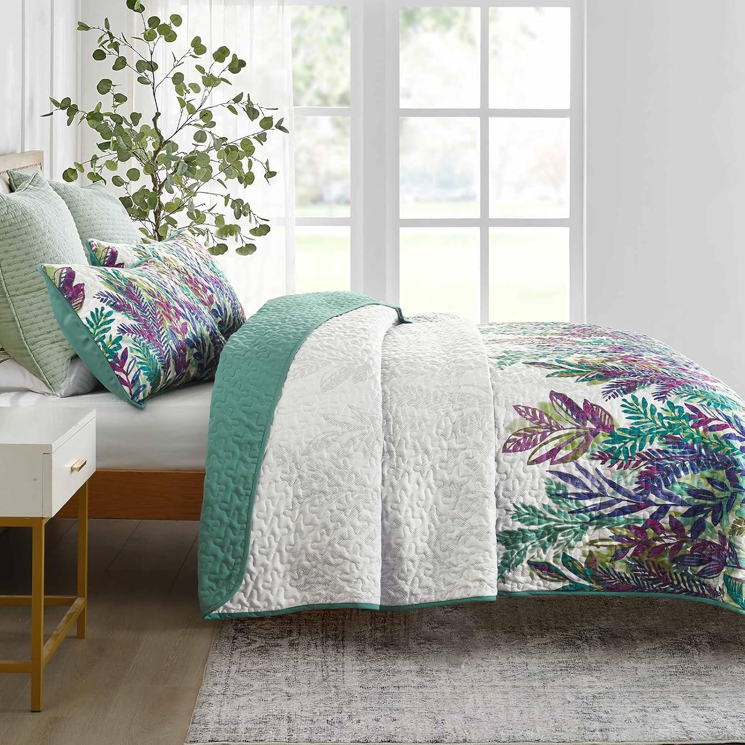 imageWONGS BEDDING Floral Quilt Set Blue Queen Size 3 Pieces Elegant Botanical Print Bedding Set for All Season Lightweight Reversible Bedspreads Coverlet Set with 2 Pillow ShamsPurple Green