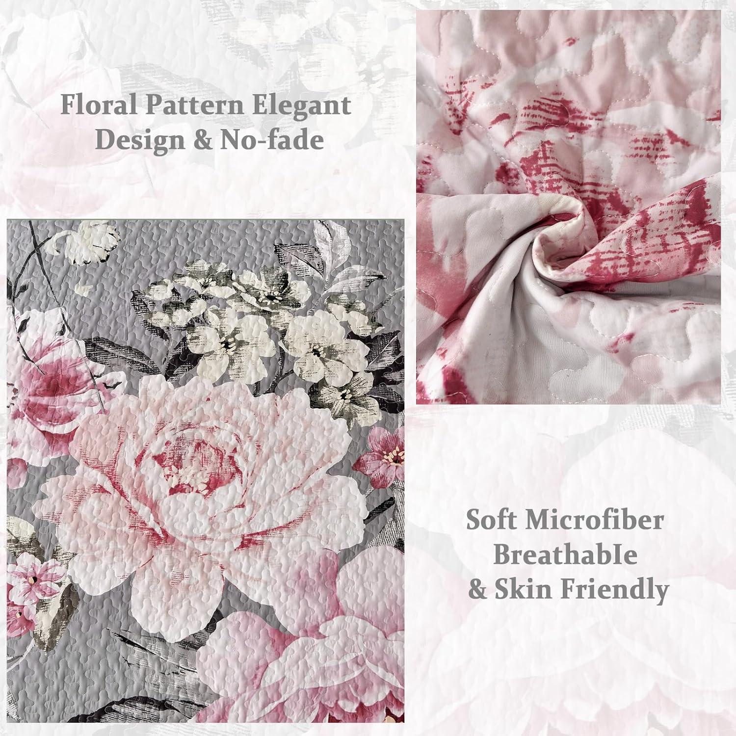 imageWONGS BEDDING Floral Quilt Set Blue Queen Size 3 Pieces Elegant Botanical Print Bedding Set for All Season Lightweight Reversible Bedspreads Coverlet Set with 2 Pillow ShamsGrey