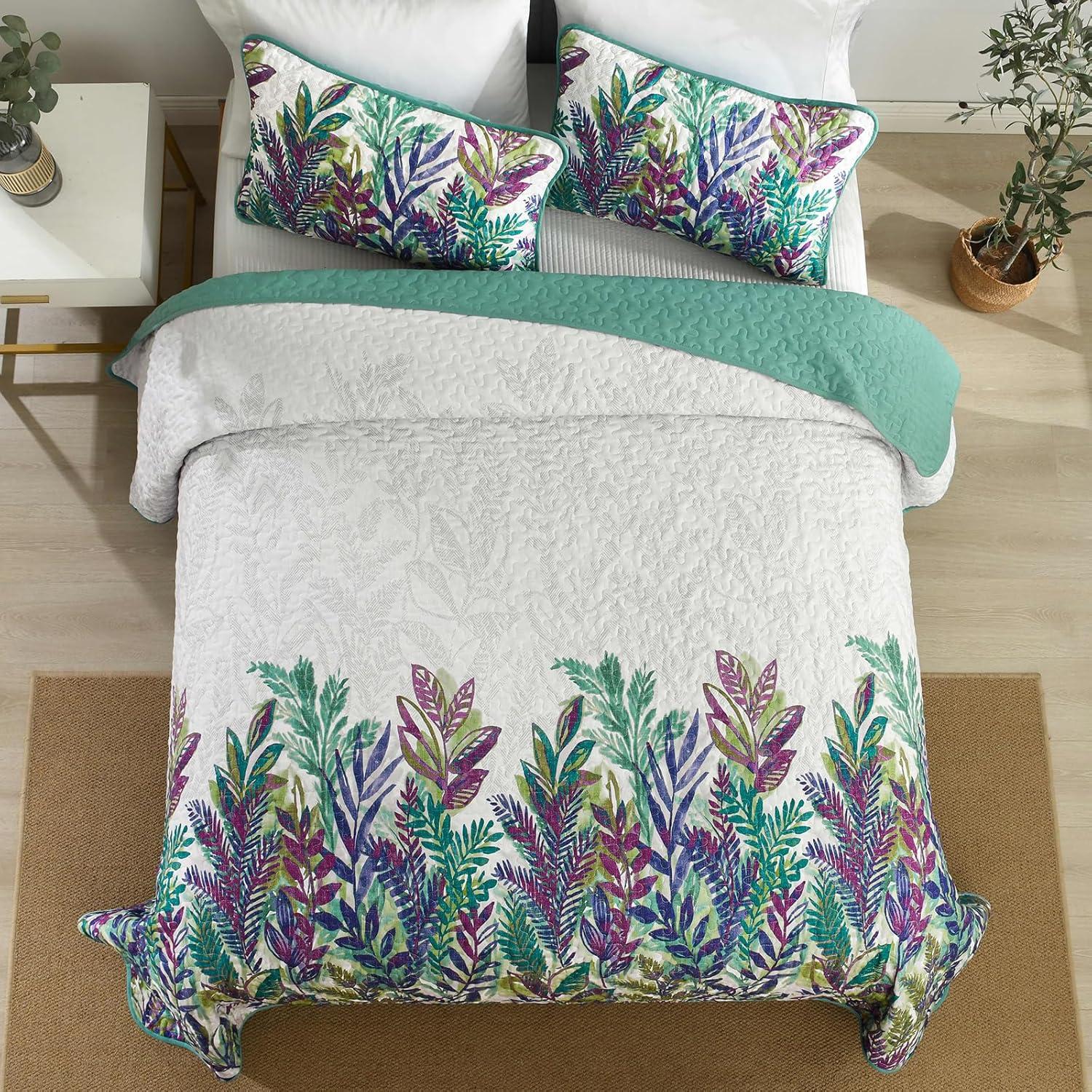 imageWONGS BEDDING Floral Quilt Set Blue Queen Size 3 Pieces Elegant Botanical Print Bedding Set for All Season Lightweight Reversible Bedspreads Coverlet Set with 2 Pillow ShamsPurple Green