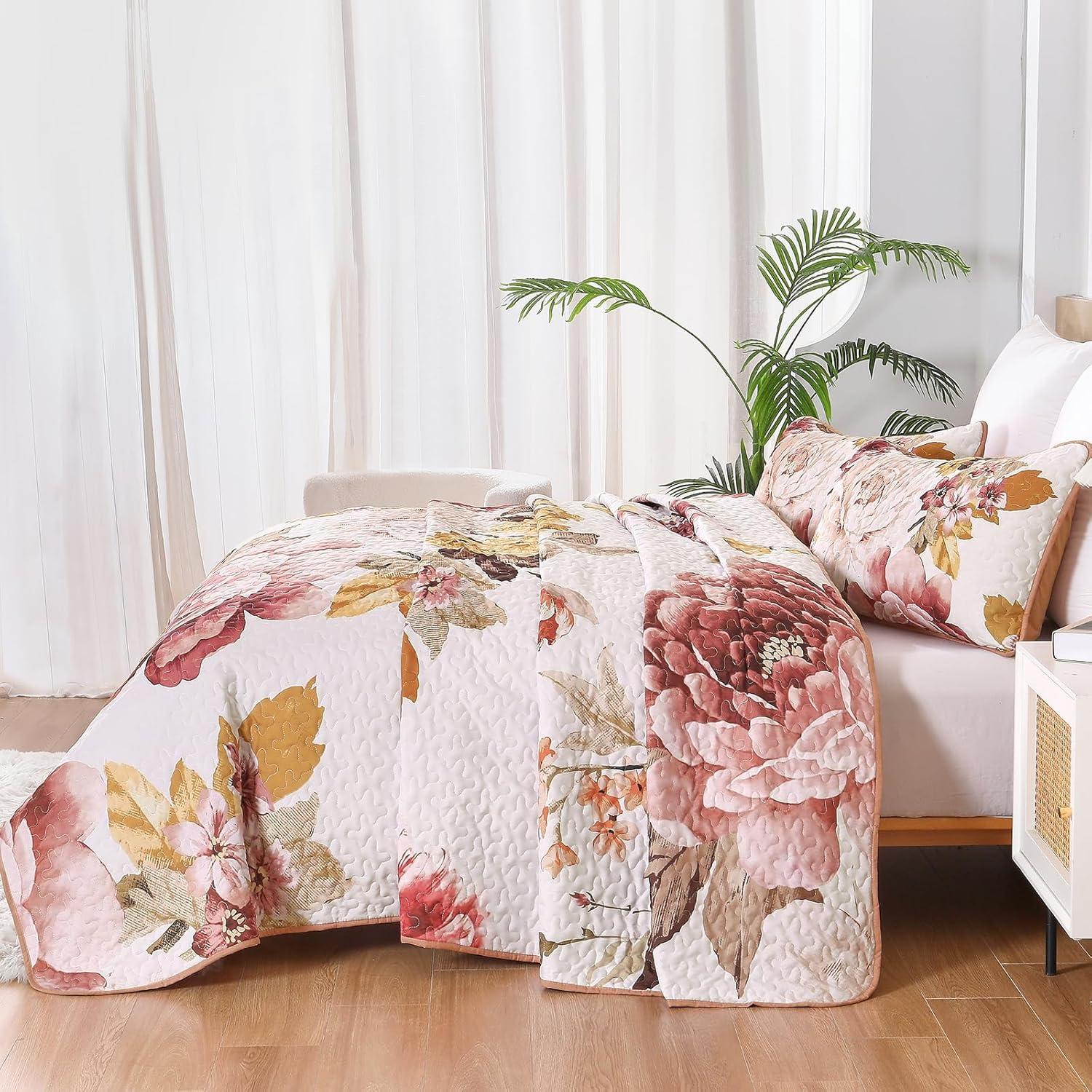 imageWONGS BEDDING Floral Quilt Set Blue Queen Size 3 Pieces Elegant Botanical Print Bedding Set for All Season Lightweight Reversible Bedspreads Coverlet Set with 2 Pillow ShamsBlush