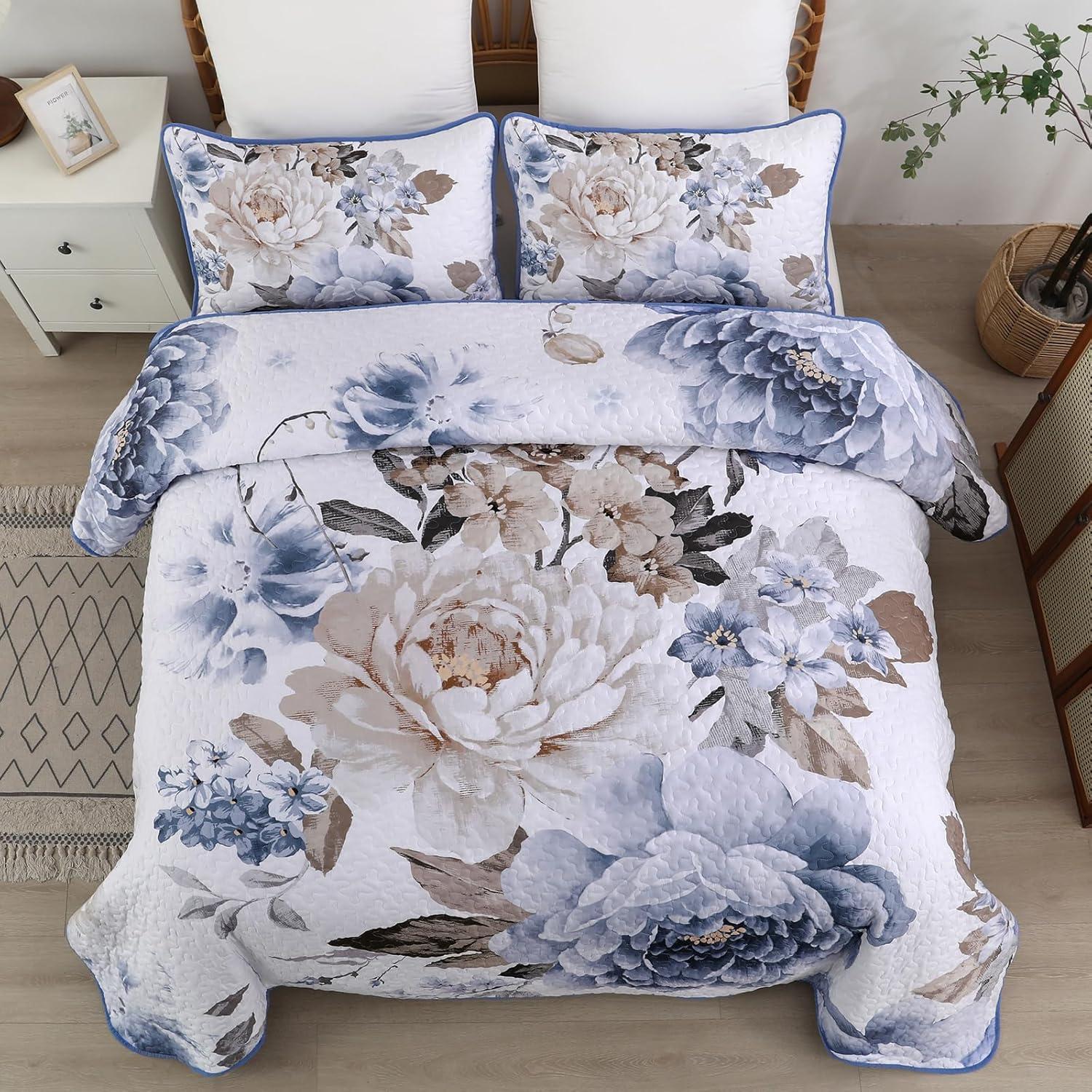 imageWONGS BEDDING Floral Quilt Set Blue Queen Size 3 Pieces Elegant Botanical Print Bedding Set for All Season Lightweight Reversible Bedspreads Coverlet Set with 2 Pillow ShamsBlue