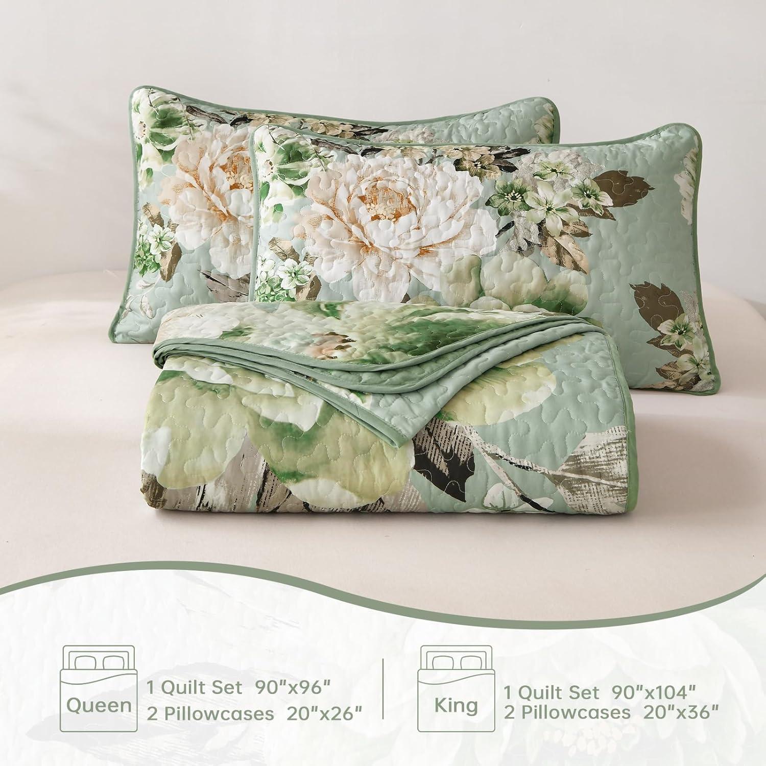 imageWONGS BEDDING Floral Quilt Set Blue Queen Size 3 Pieces Elegant Botanical Print Bedding Set for All Season Lightweight Reversible Bedspreads Coverlet Set with 2 Pillow ShamsSage Green