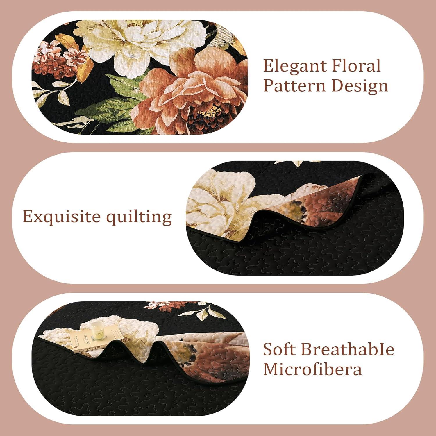 imageWONGS BEDDING Floral Quilt Set Blue Queen Size 3 Pieces Elegant Botanical Print Bedding Set for All Season Lightweight Reversible Bedspreads Coverlet Set with 2 Pillow ShamsBlack Boho