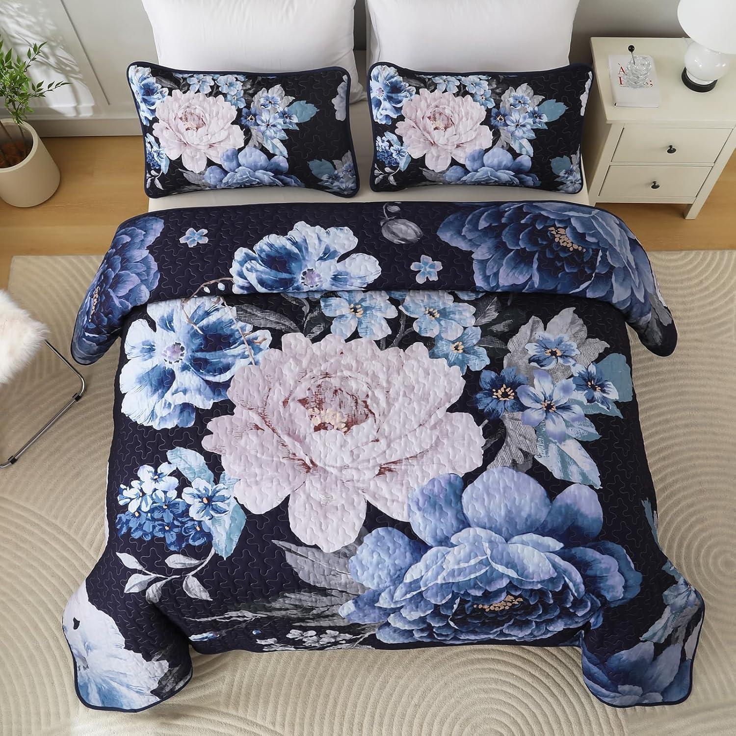 imageWONGS BEDDING Floral Quilt Set Blue Queen Size 3 Pieces Elegant Botanical Print Bedding Set for All Season Lightweight Reversible Bedspreads Coverlet Set with 2 Pillow ShamsNavy
