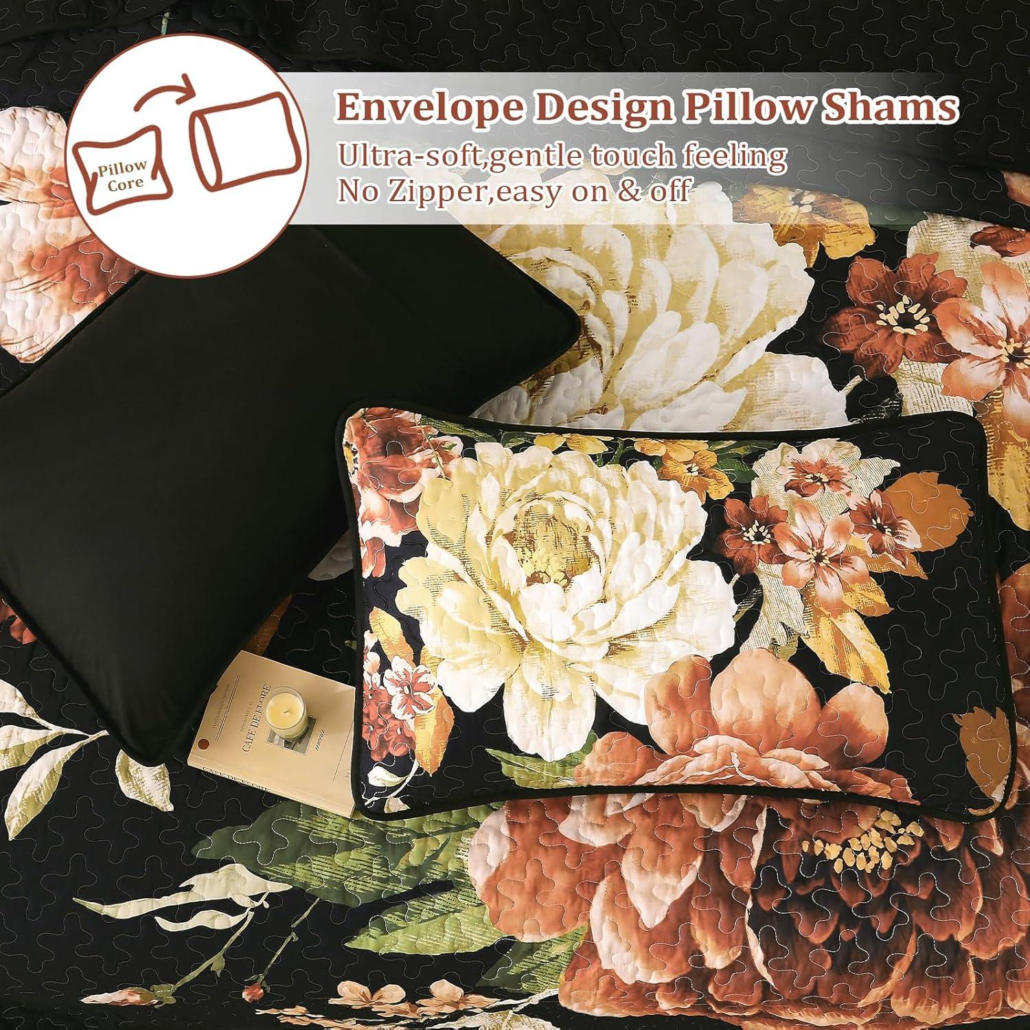 imageWONGS BEDDING Floral Quilt Set Blue Queen Size 3 Pieces Elegant Botanical Print Bedding Set for All Season Lightweight Reversible Bedspreads Coverlet Set with 2 Pillow ShamsBlack Boho