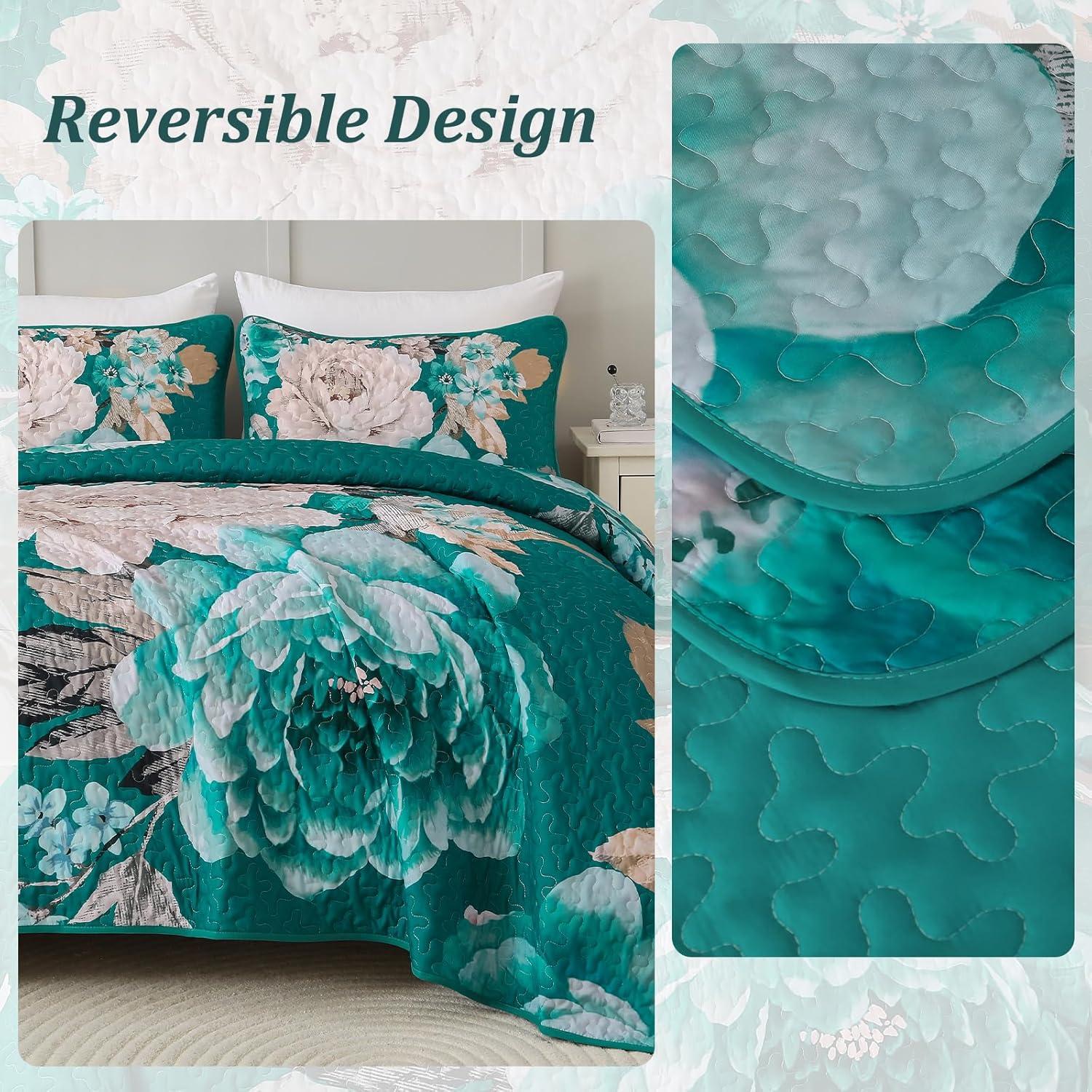 imageWONGS BEDDING Floral Quilt Set Blue Queen Size 3 Pieces Elegant Botanical Print Bedding Set for All Season Lightweight Reversible Bedspreads Coverlet Set with 2 Pillow ShamsTeal