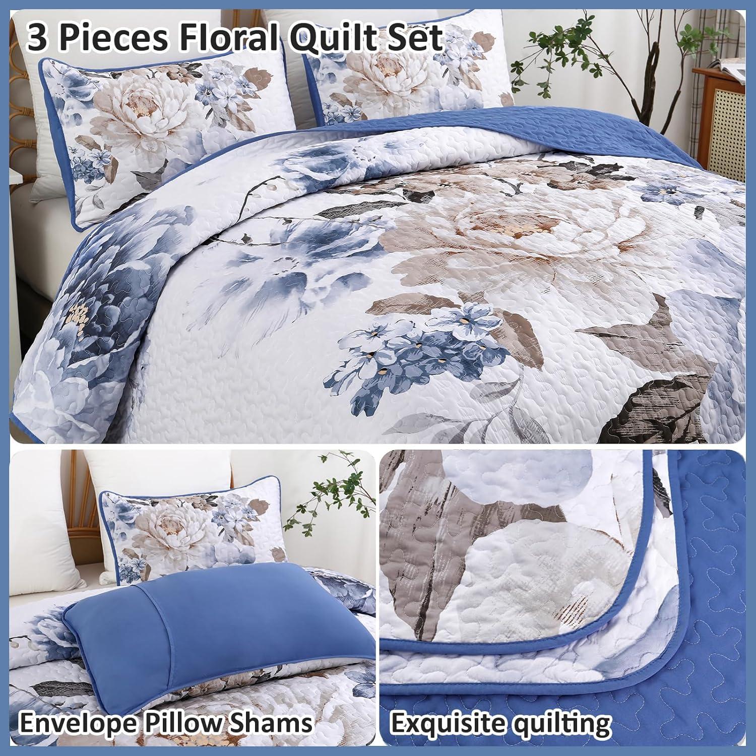 imageWONGS BEDDING Floral Quilt Set Blue Queen Size 3 Pieces Elegant Botanical Print Bedding Set for All Season Lightweight Reversible Bedspreads Coverlet Set with 2 Pillow ShamsBlue