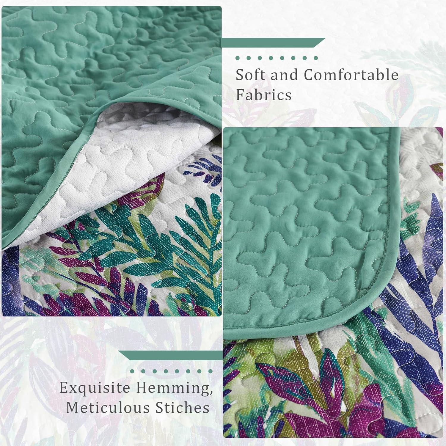 imageWONGS BEDDING Floral Quilt Set Blue Queen Size 3 Pieces Elegant Botanical Print Bedding Set for All Season Lightweight Reversible Bedspreads Coverlet Set with 2 Pillow ShamsPurple Green