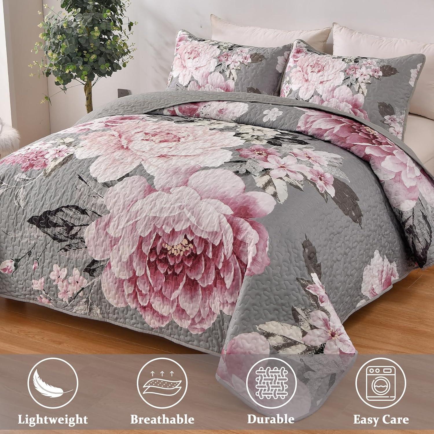 imageWONGS BEDDING Floral Quilt Set Blue Queen Size 3 Pieces Elegant Botanical Print Bedding Set for All Season Lightweight Reversible Bedspreads Coverlet Set with 2 Pillow ShamsGrey