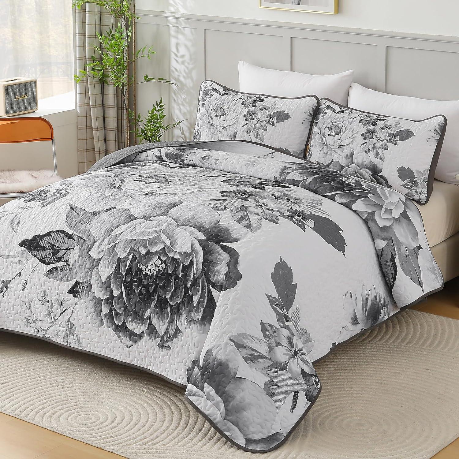 imageWONGS BEDDING Floral Quilt Set Blue Queen Size 3 Pieces Elegant Botanical Print Bedding Set for All Season Lightweight Reversible Bedspreads Coverlet Set with 2 Pillow ShamsGrey White