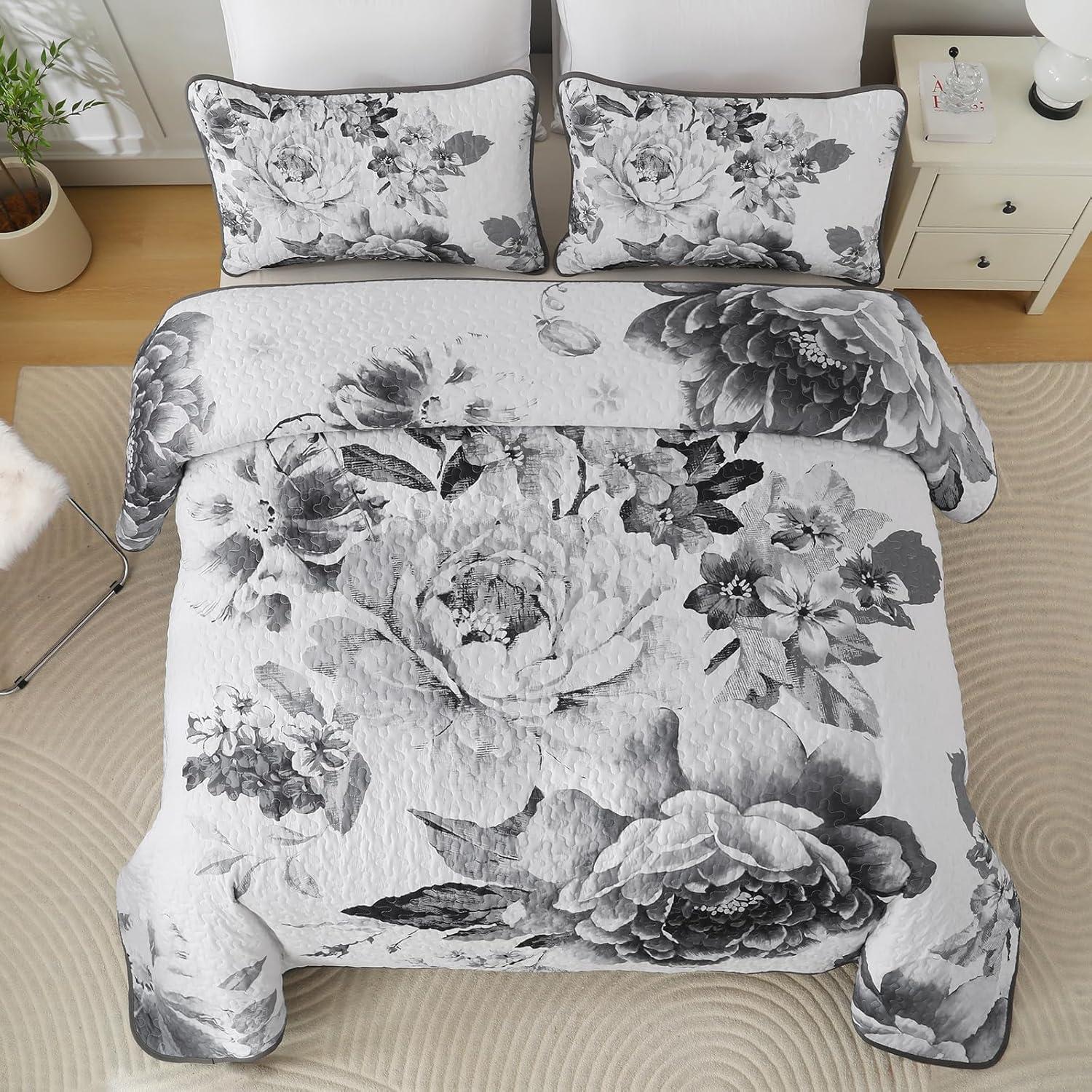 imageWONGS BEDDING Floral Quilt Set Blue Queen Size 3 Pieces Elegant Botanical Print Bedding Set for All Season Lightweight Reversible Bedspreads Coverlet Set with 2 Pillow ShamsGrey White