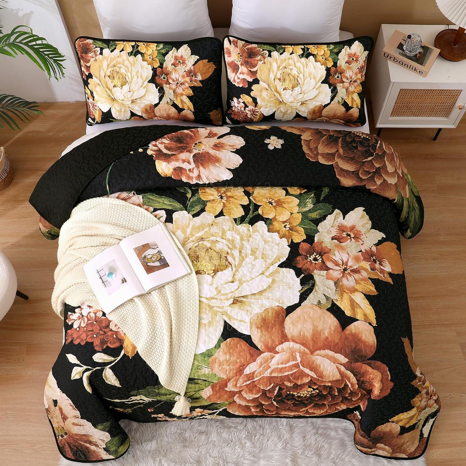 imageWONGS BEDDING Floral Quilt Set Blue Queen Size 3 Pieces Elegant Botanical Print Bedding Set for All Season Lightweight Reversible Bedspreads Coverlet Set with 2 Pillow ShamsBlack Boho