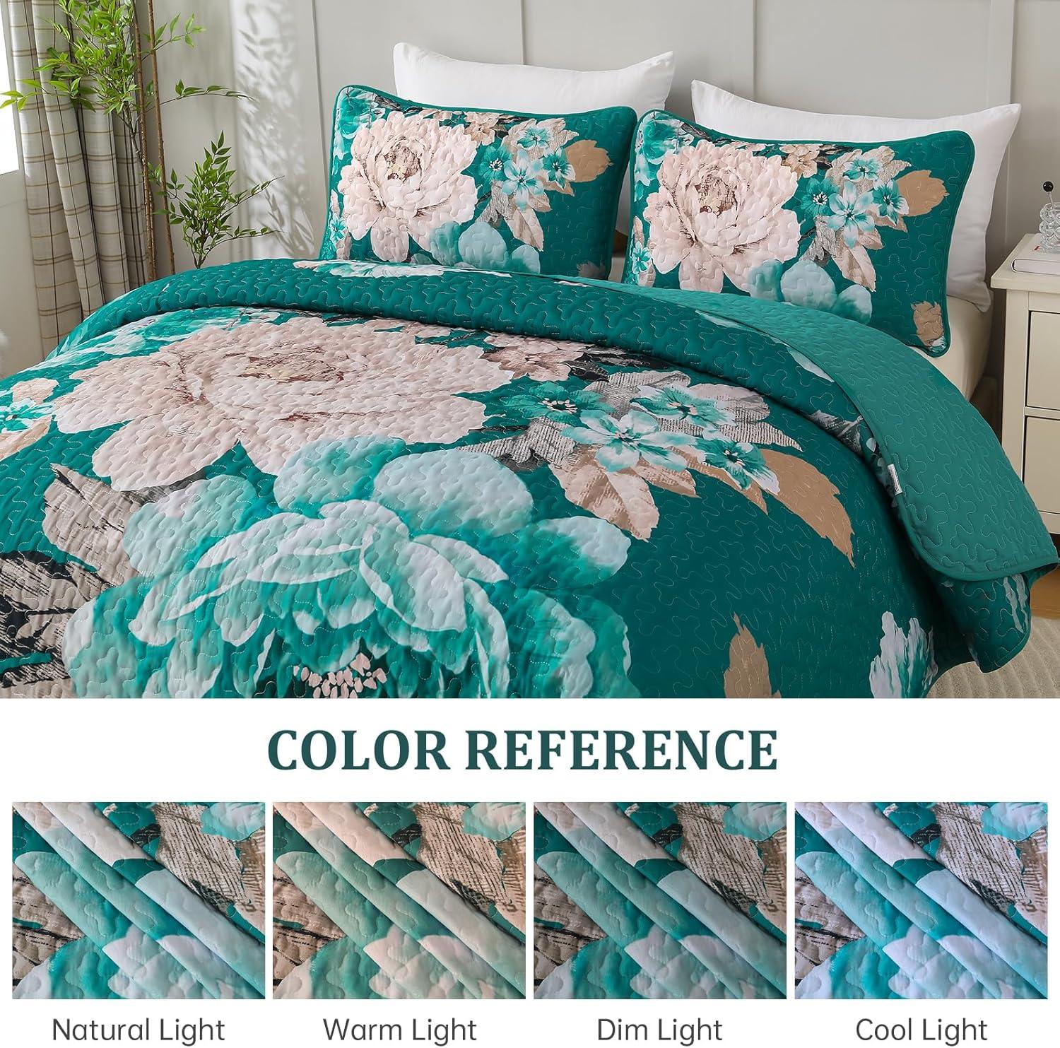 imageWONGS BEDDING Floral Quilt Set Blue Queen Size 3 Pieces Elegant Botanical Print Bedding Set for All Season Lightweight Reversible Bedspreads Coverlet Set with 2 Pillow ShamsTeal
