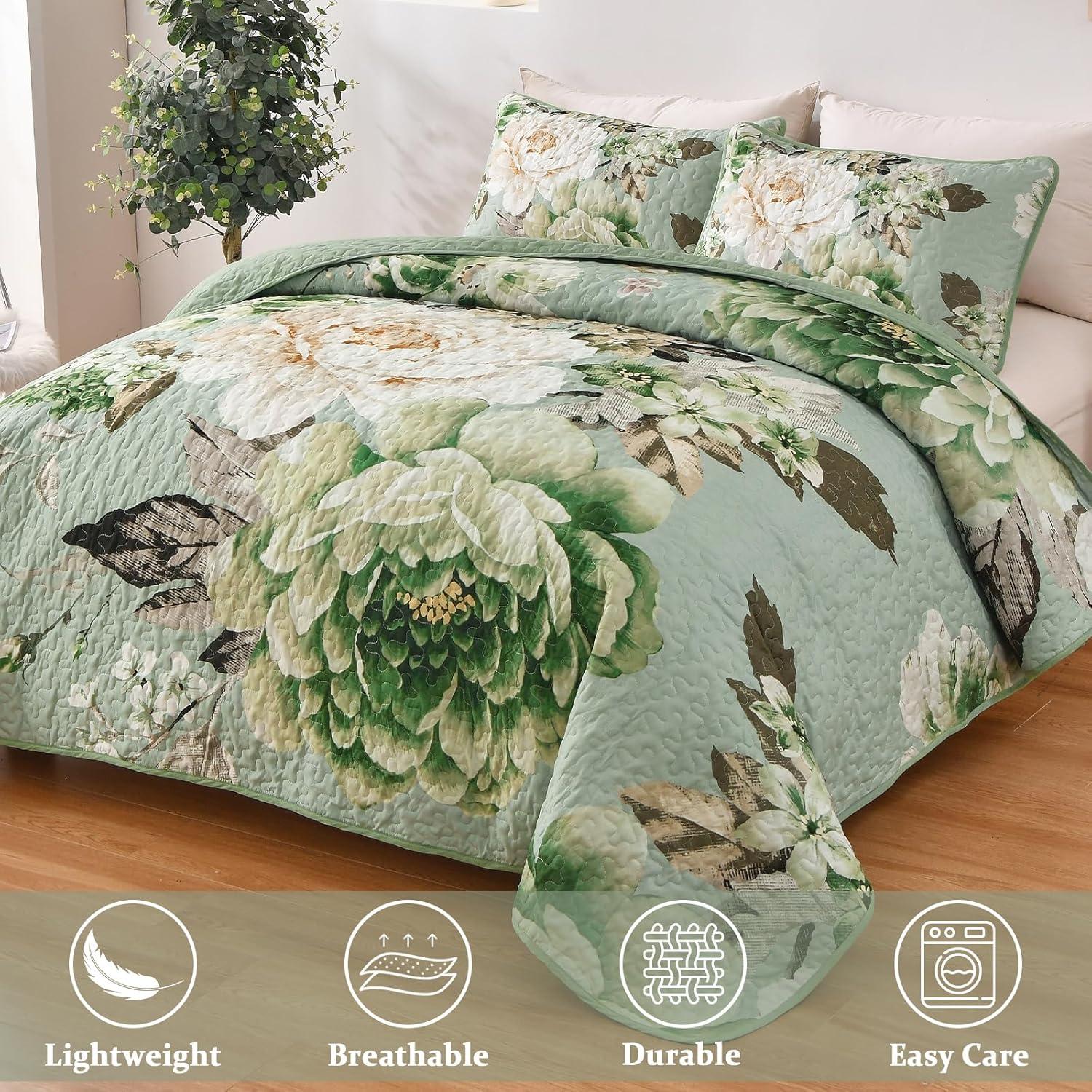imageWONGS BEDDING Floral Quilt Set Blue Queen Size 3 Pieces Elegant Botanical Print Bedding Set for All Season Lightweight Reversible Bedspreads Coverlet Set with 2 Pillow ShamsSage Green