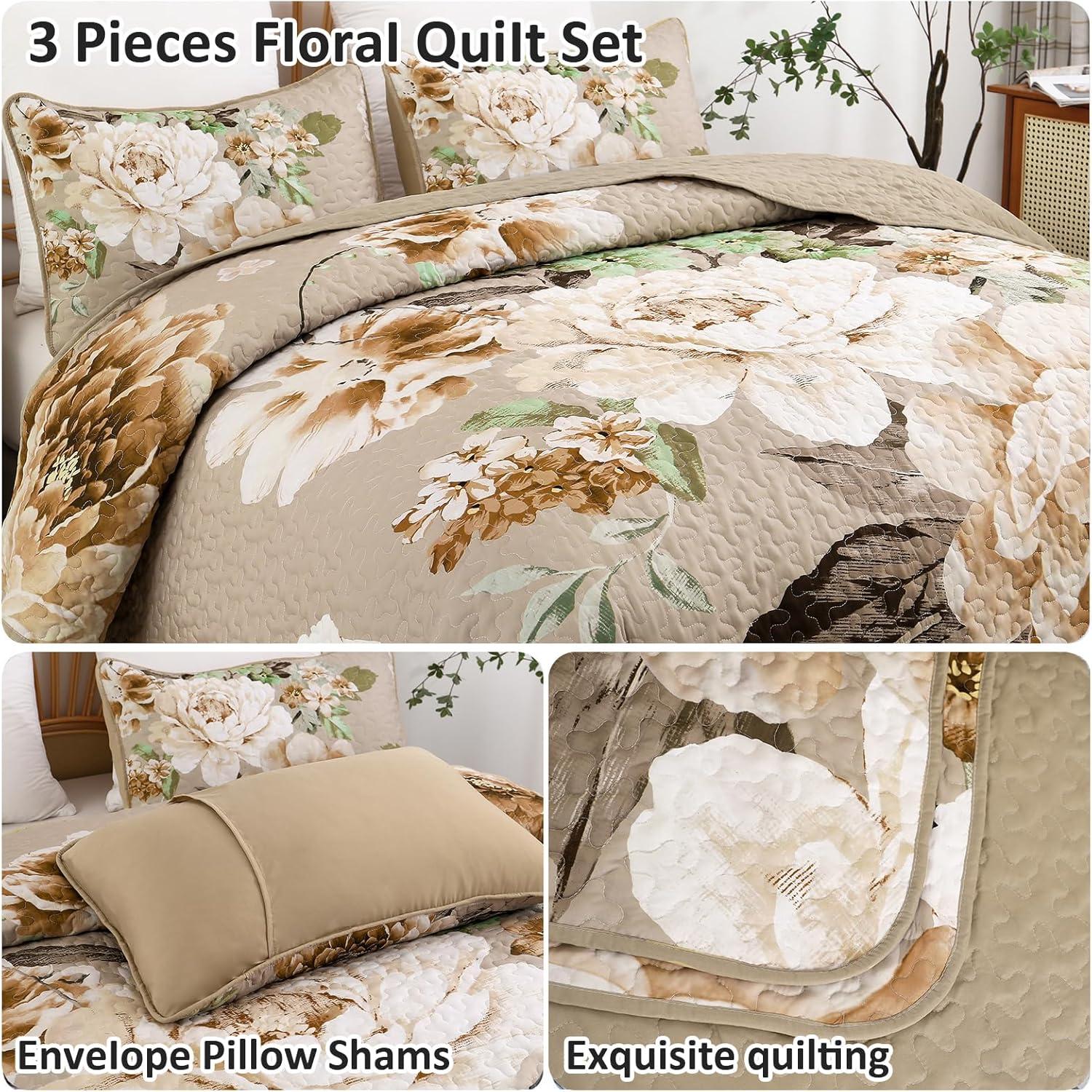 imageWONGS BEDDING Floral Quilt Set Blue Queen Size 3 Pieces Elegant Botanical Print Bedding Set for All Season Lightweight Reversible Bedspreads Coverlet Set with 2 Pillow ShamsKhaki