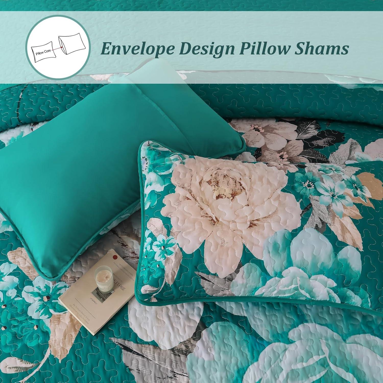 imageWONGS BEDDING Floral Quilt Set Blue Queen Size 3 Pieces Elegant Botanical Print Bedding Set for All Season Lightweight Reversible Bedspreads Coverlet Set with 2 Pillow ShamsTeal