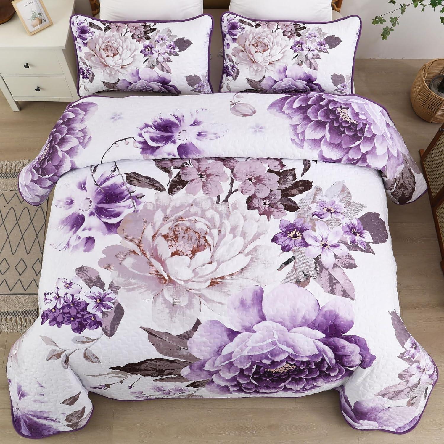 imageWONGS BEDDING Floral Quilt Set Blue Queen Size 3 Pieces Elegant Botanical Print Bedding Set for All Season Lightweight Reversible Bedspreads Coverlet Set with 2 Pillow ShamsPurple