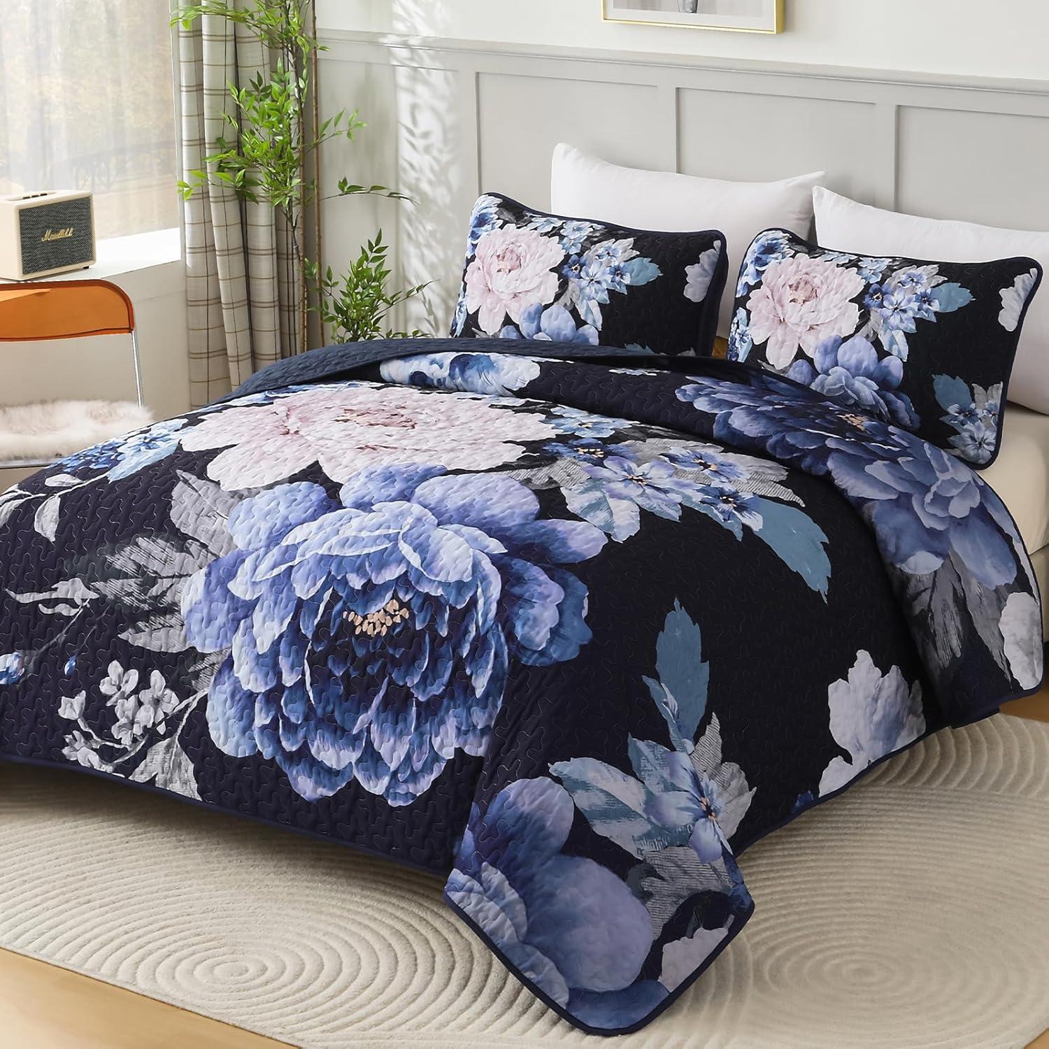 imageWONGS BEDDING Floral Quilt Set Blue Queen Size 3 Pieces Elegant Botanical Print Bedding Set for All Season Lightweight Reversible Bedspreads Coverlet Set with 2 Pillow ShamsNavy