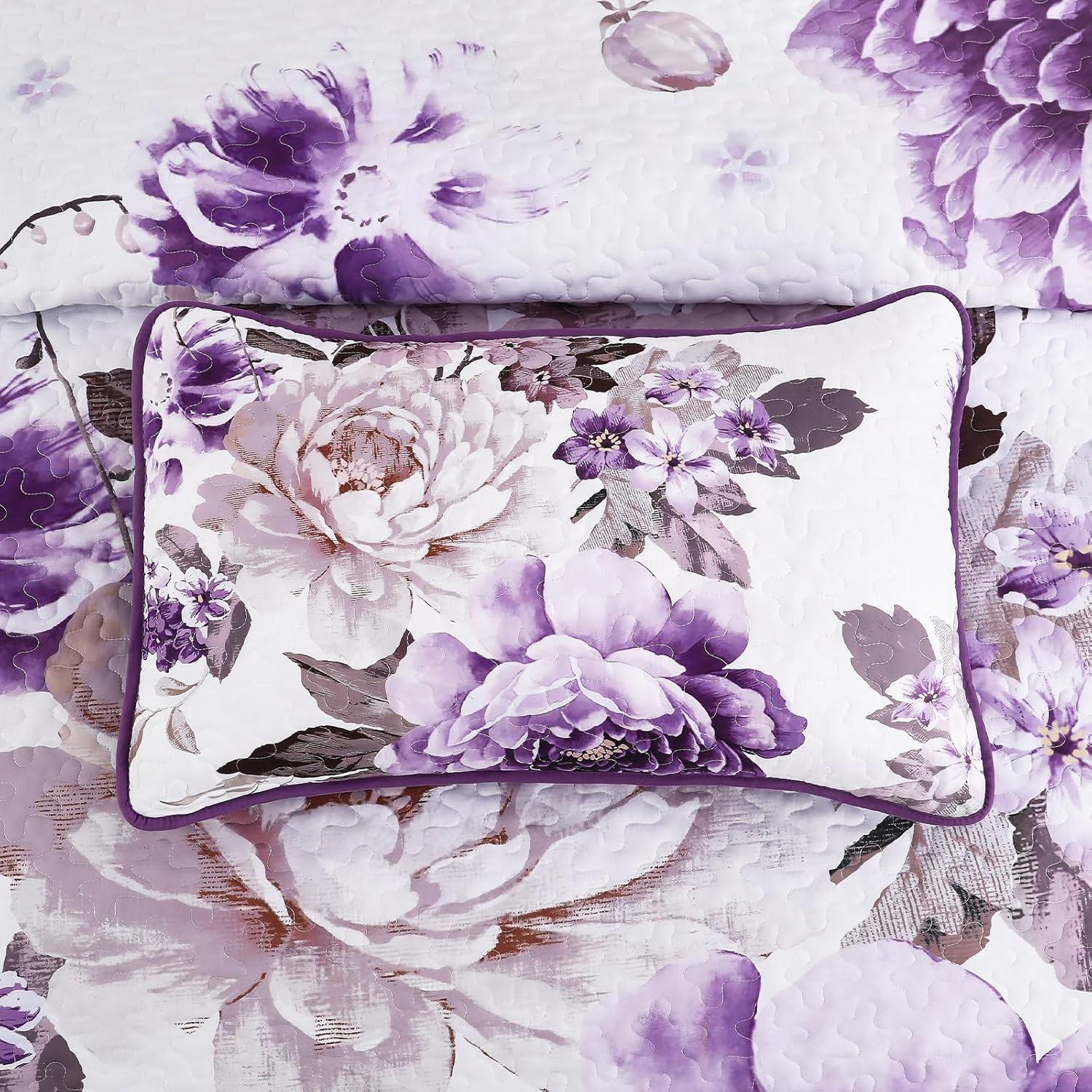 imageWONGS BEDDING Floral Quilt Set Blue Queen Size 3 Pieces Elegant Botanical Print Bedding Set for All Season Lightweight Reversible Bedspreads Coverlet Set with 2 Pillow ShamsPurple