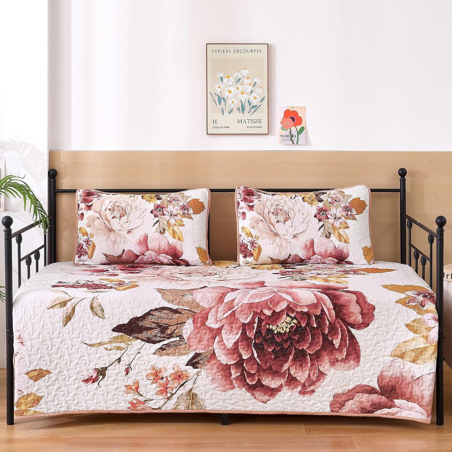 imageWONGS BEDDING Floral Quilt Set Blue Queen Size 3 Pieces Elegant Botanical Print Bedding Set for All Season Lightweight Reversible Bedspreads Coverlet Set with 2 Pillow ShamsBlush