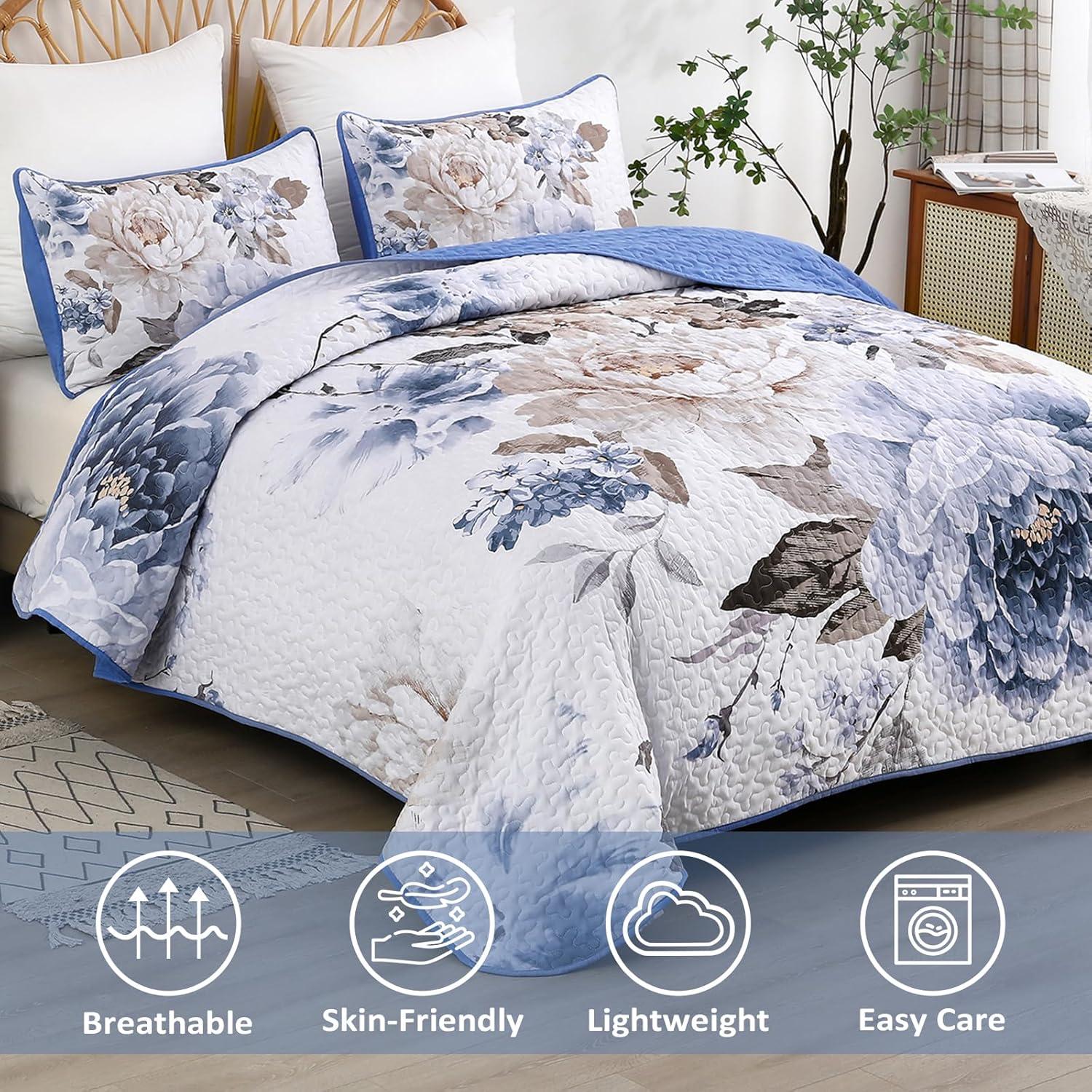 imageWONGS BEDDING Floral Quilt Set Blue Queen Size 3 Pieces Elegant Botanical Print Bedding Set for All Season Lightweight Reversible Bedspreads Coverlet Set with 2 Pillow ShamsBlue