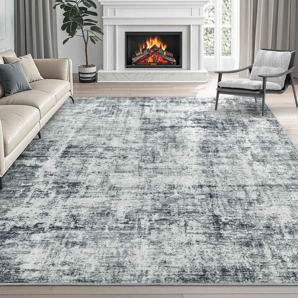 image4x6 Area Rugs Washable Modern Soft Non Slip Distressed Under Dining Table Living Room Area Rug BlackDark Grey