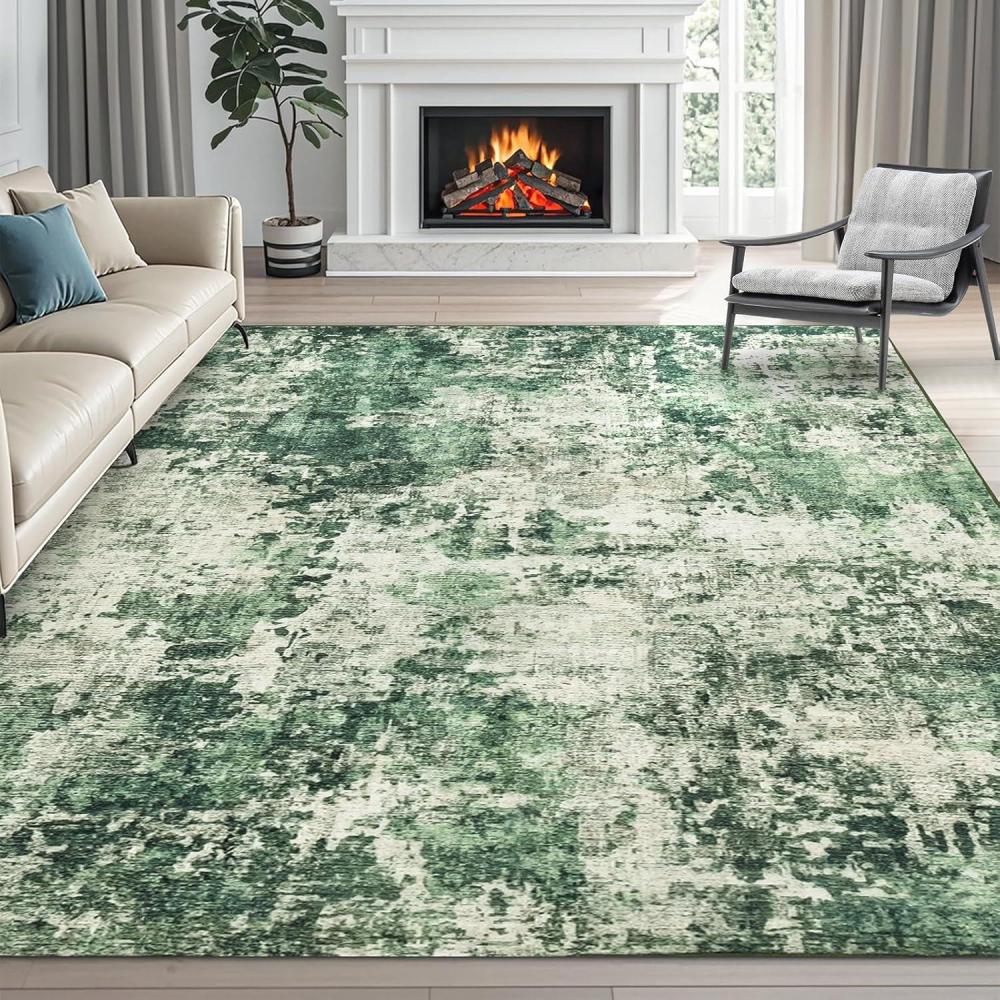 image4x6 Area Rugs Washable Modern Soft Non Slip Distressed Under Dining Table Living Room Area Rug BlackGreen