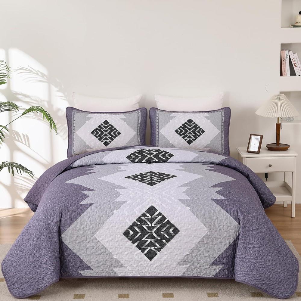 imageDintszyayue Boho Quilt Set King Size 3 Pieces Purple Aztec Texture Bedspread Coverlet Set with 2 Pillowcases Soft Lightweight Microfiber Bohemian Quilt Bedding Set for All Season 90quotx103quot
