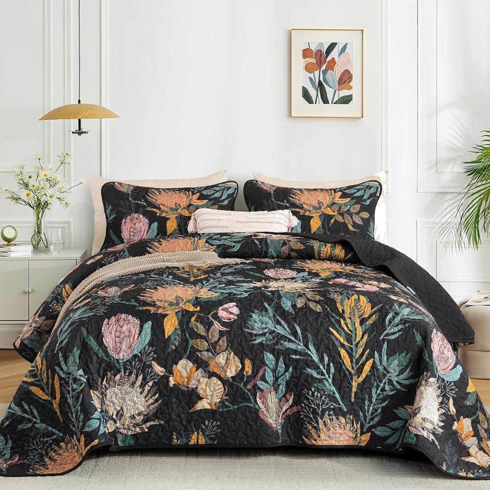 imageDintszyayue Quilt Queen Size Navy 3 Pieces Boho Floral Bedspread Bedding for Queen Size Bed Soft Lightweight Microfiber Coverlet Set for All Season Quilt with 2 PillowcasesBlack